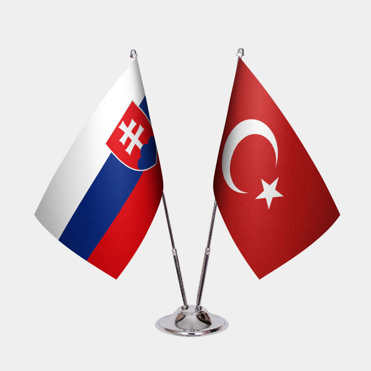 Slovakia and Turkey desk flag set with chrome pole and base
