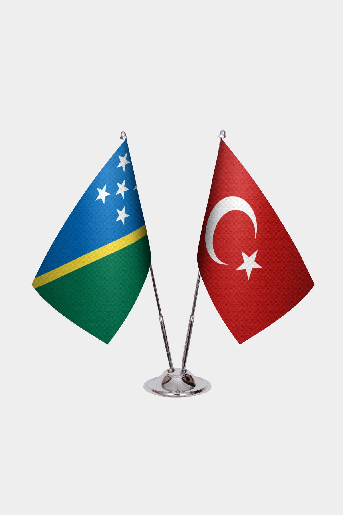 Solomon Islands and Turkey desk flag set with chrome pole and base