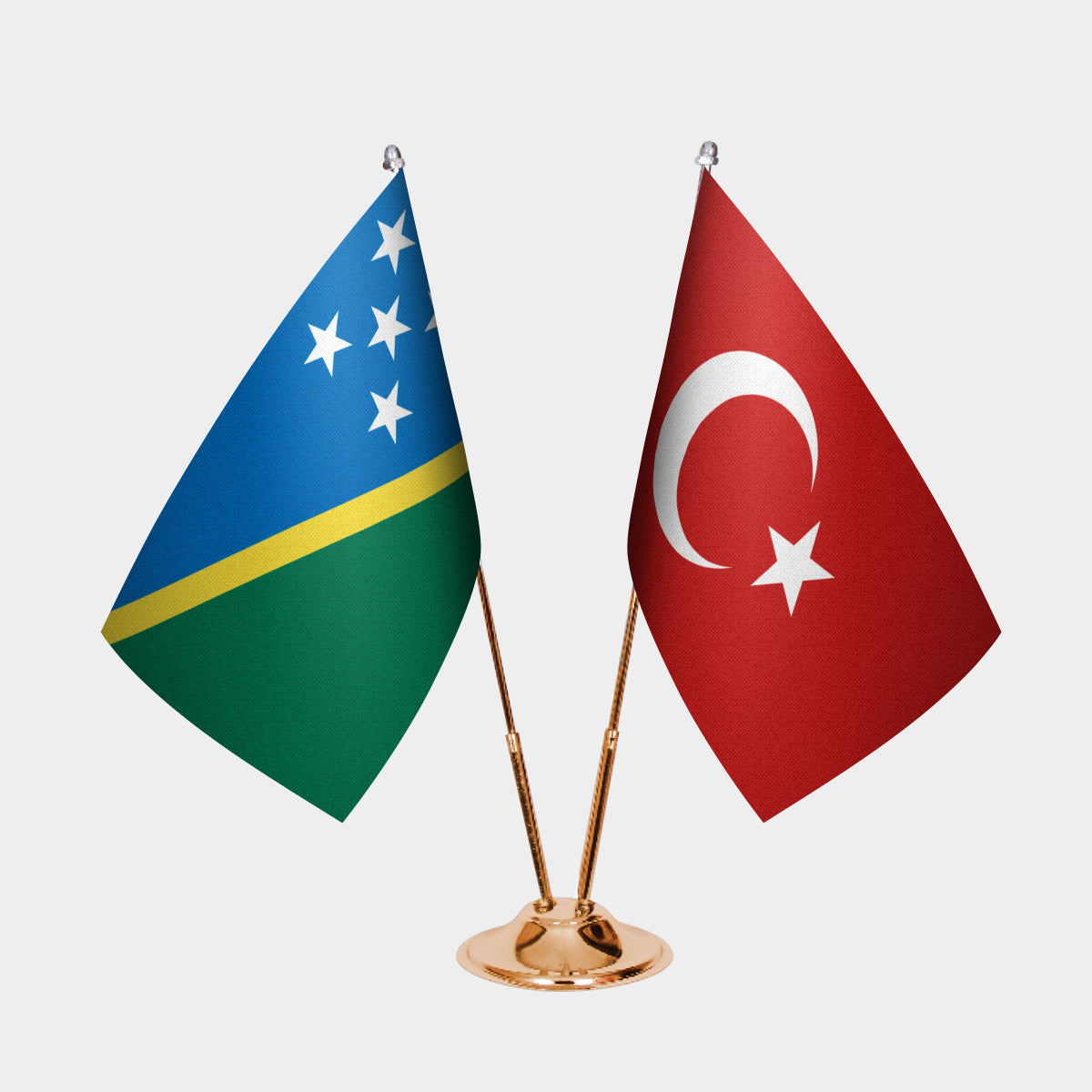 Solomon Islands and Turkey desk flag set with gold pole and base