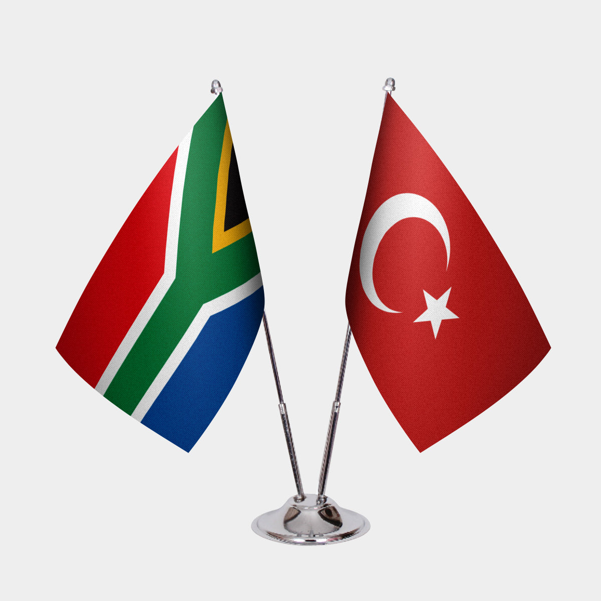 South Africa and Turkey desk flag set with chrome pole and base