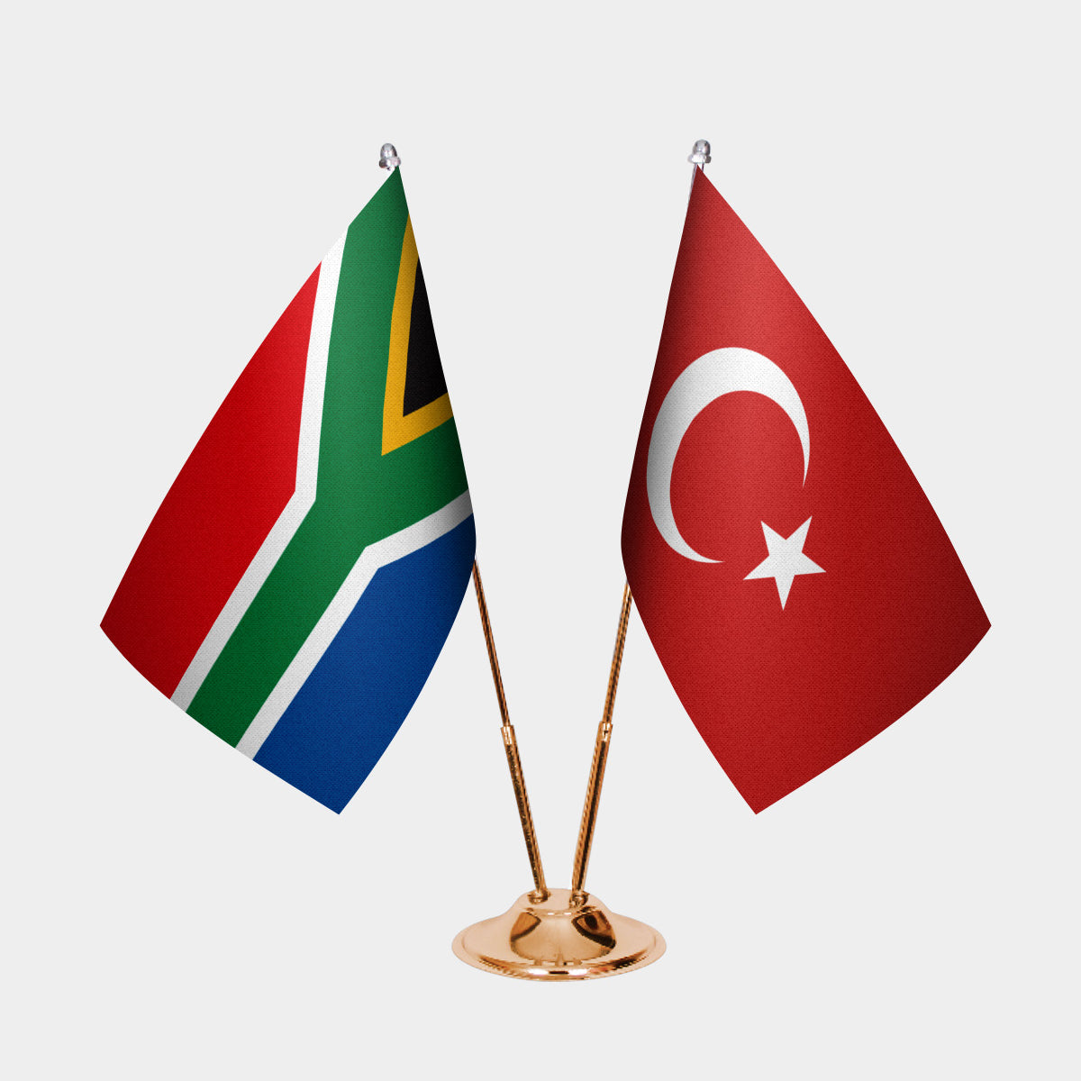 South Africa and Turkey desk flag set with gold pole and base