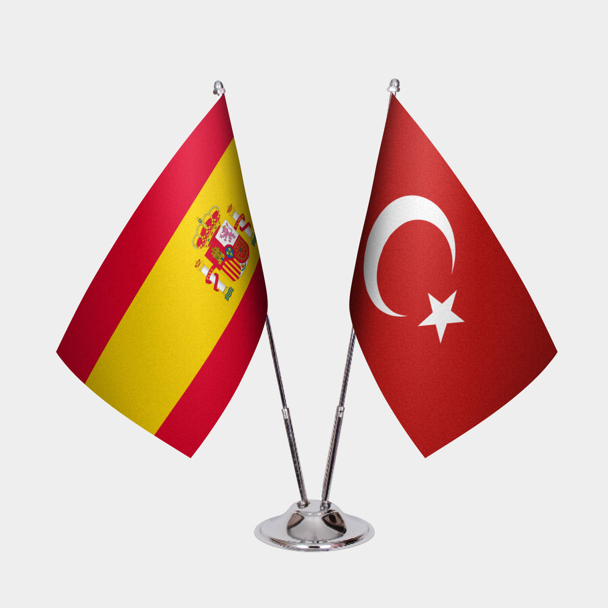 Spain and Turkey desk flag set with chrome pole and base