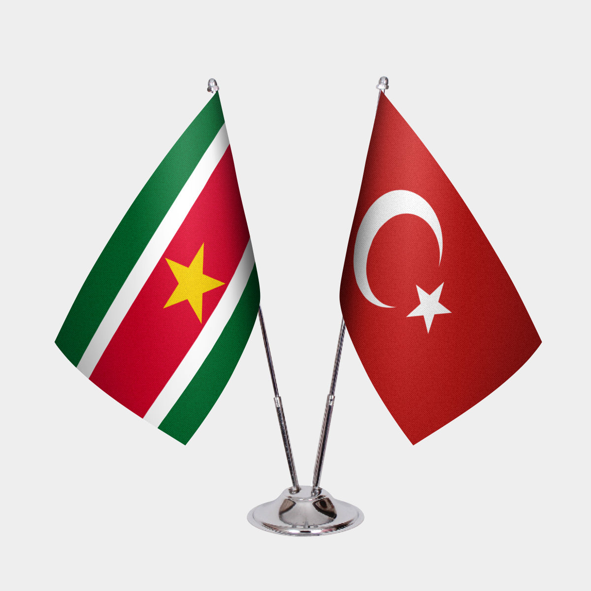 Suriname and Turkey desk flag set with chrome pole and base