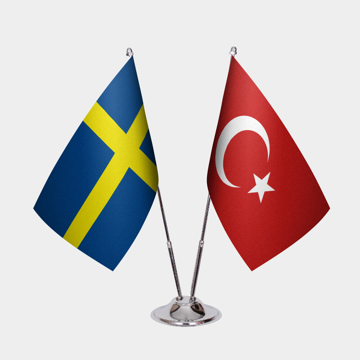 Sweden and Turkey desk flag set with chrome pole and base