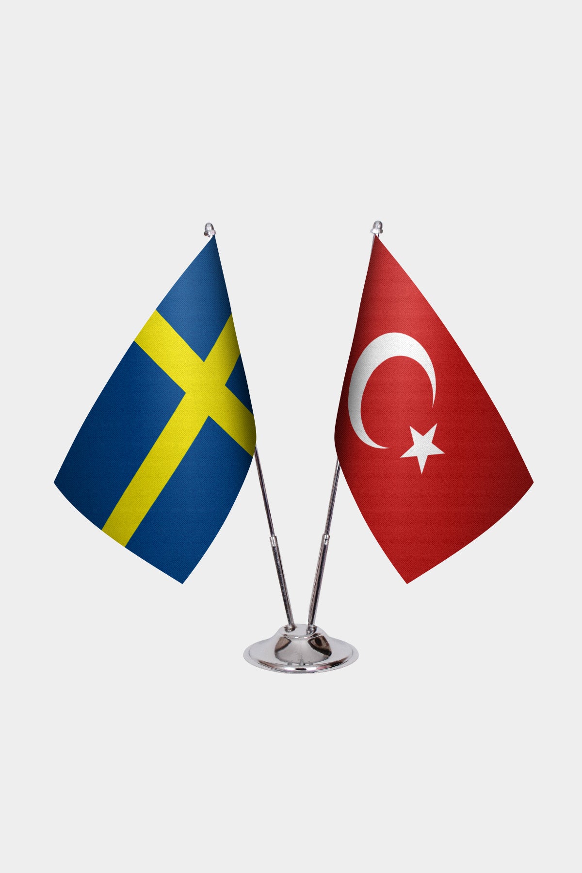 Sweden and Turkey desk flag set with chrome pole and base