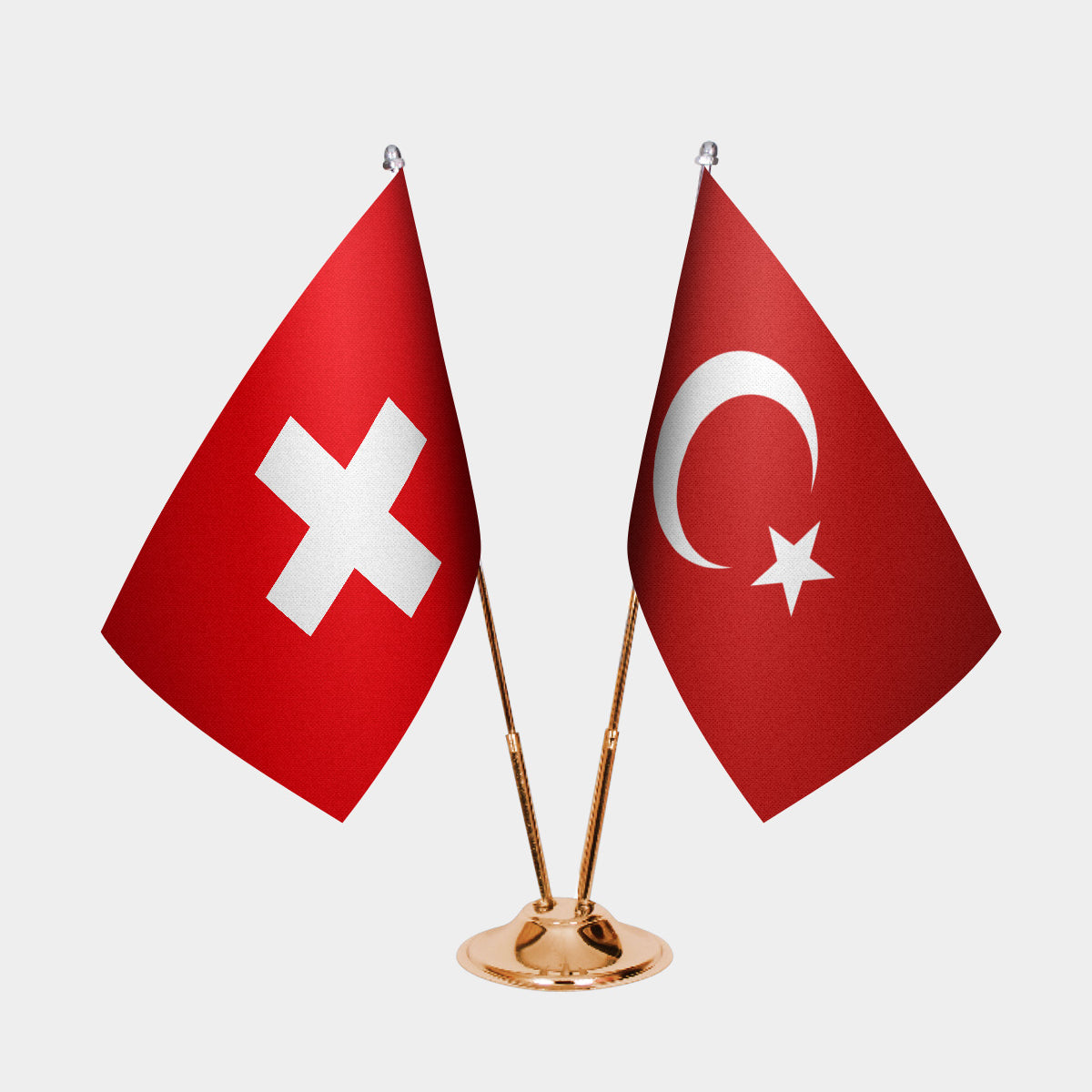 Switzerland and Turkey desk flag set with gold pole and base