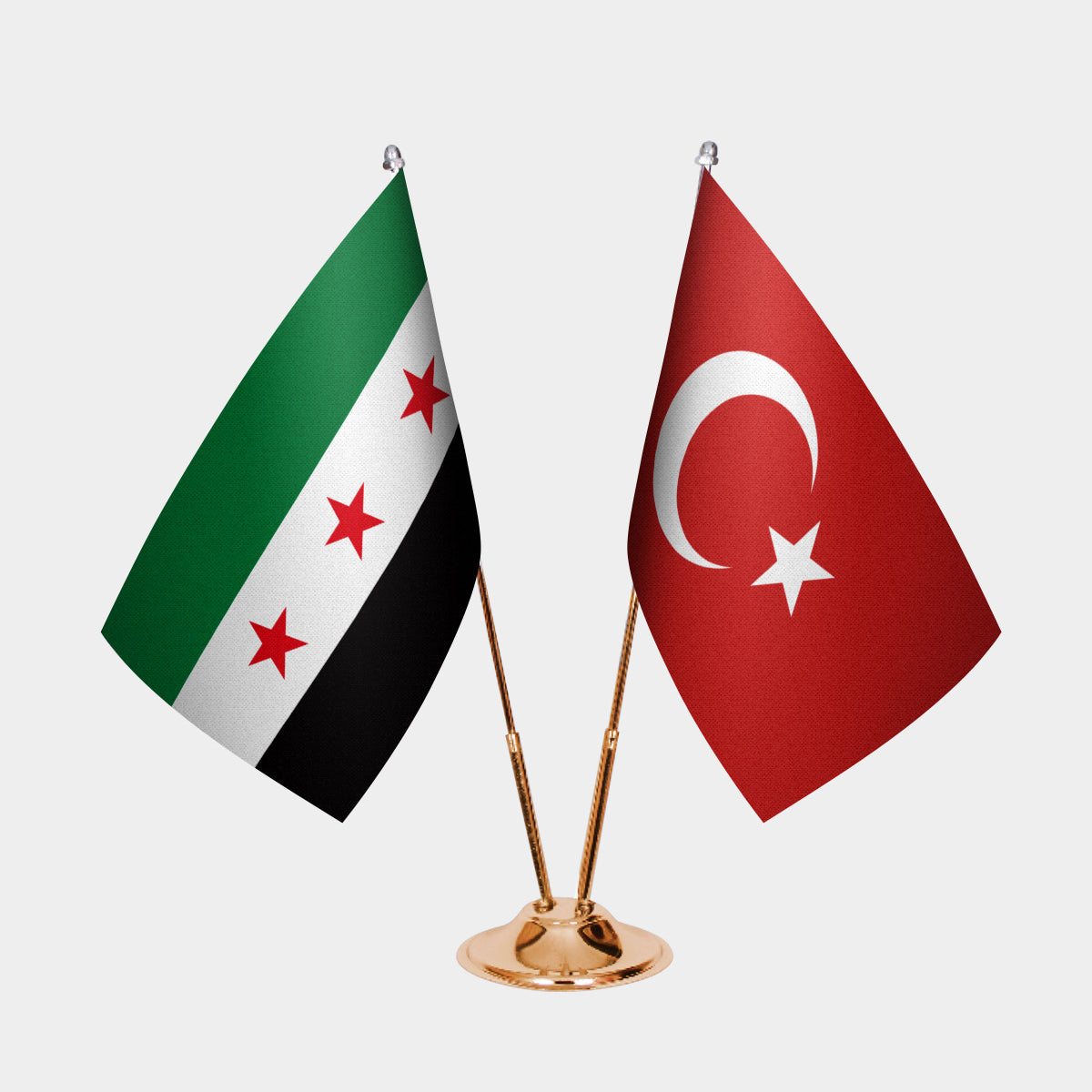 Syria and Turkey desk flag set with gold pole and base