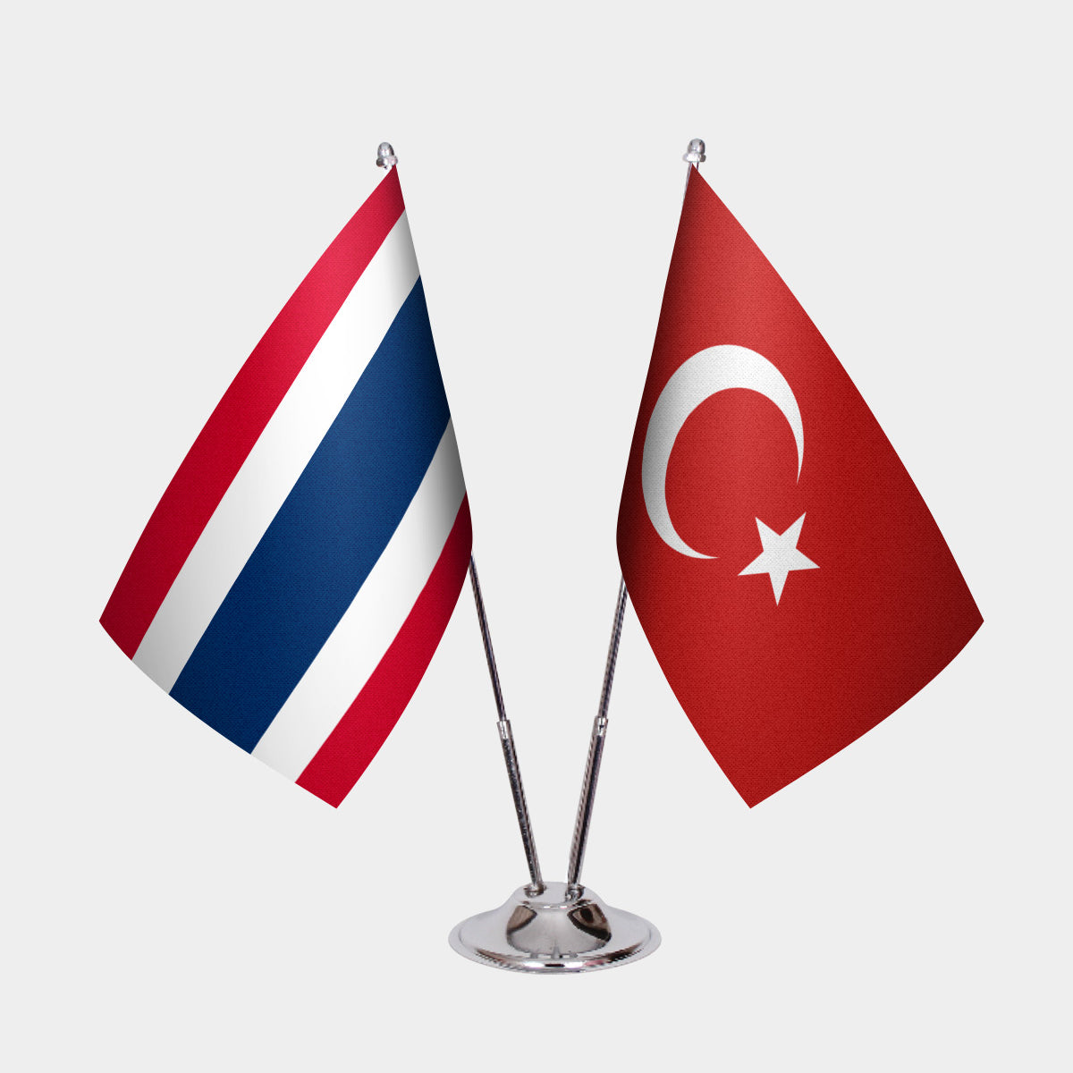 Thailand and Turkey desk flag set with chrome pole and base