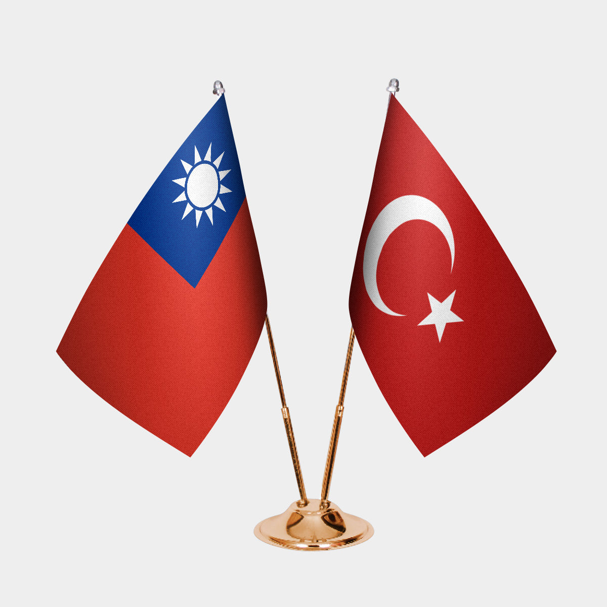Taiwan and Turkey desk flag set with gold pole and base