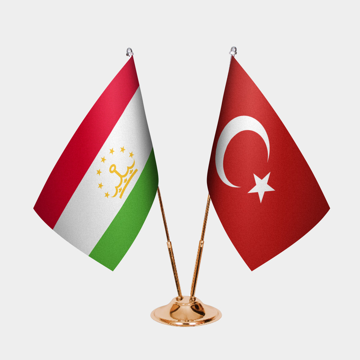 Tajikistan and Turkey desk flag set with gold pole and base