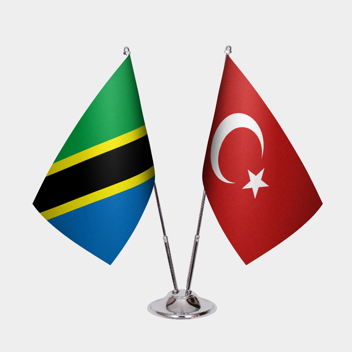 Tanzania and Turkey desk flag set with chrome pole and base