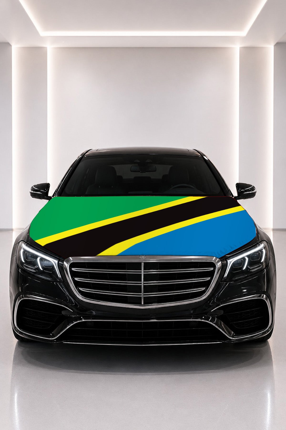 Tanzania flag car hood cover fitted on a black car bonnet