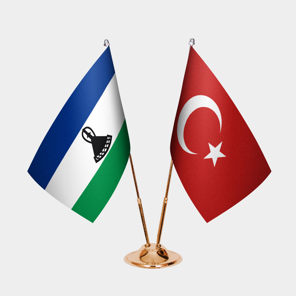 Lesotho and Turkey desk flag set with gold pole and base