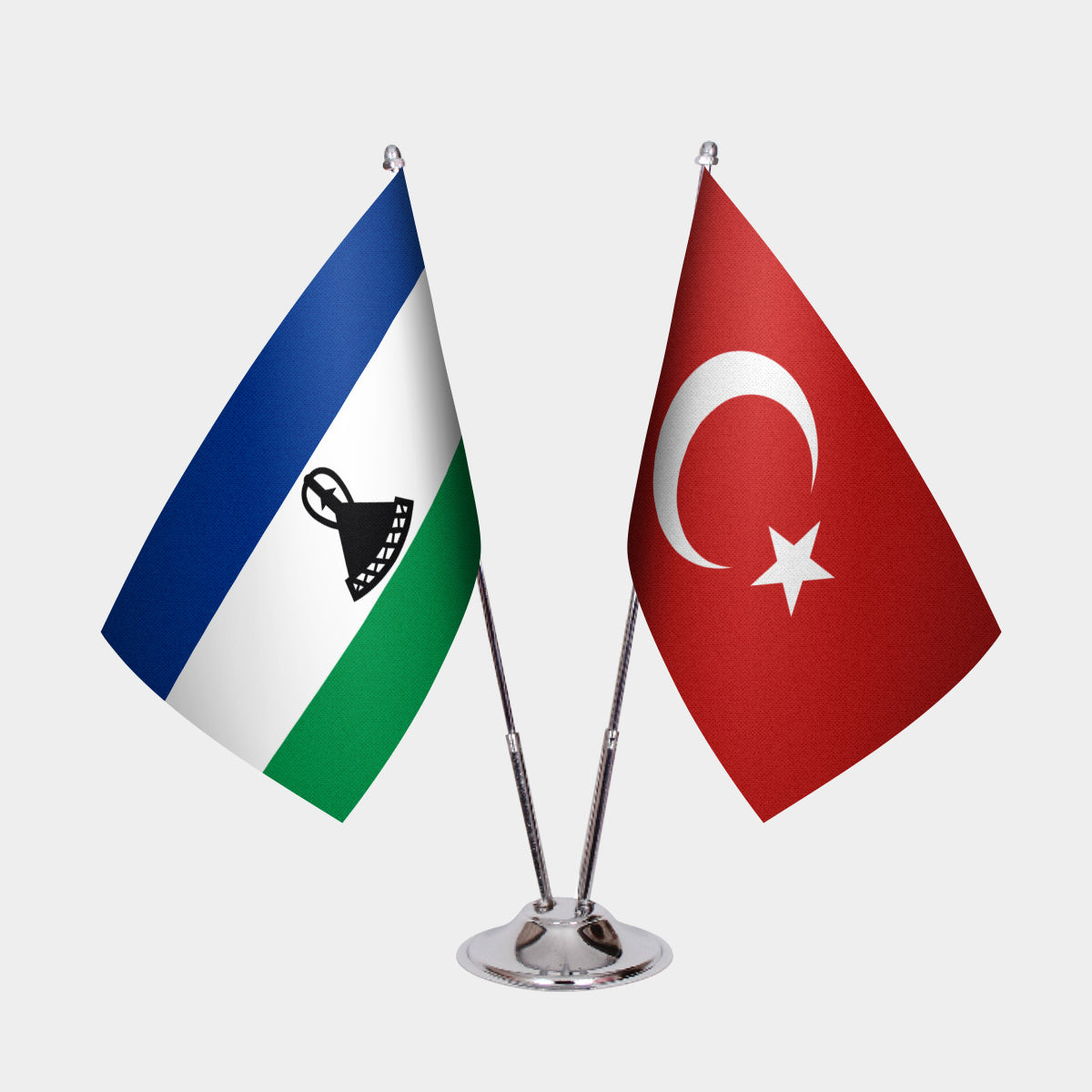 Lesotho and Turkey desk flag set with chrome pole and base