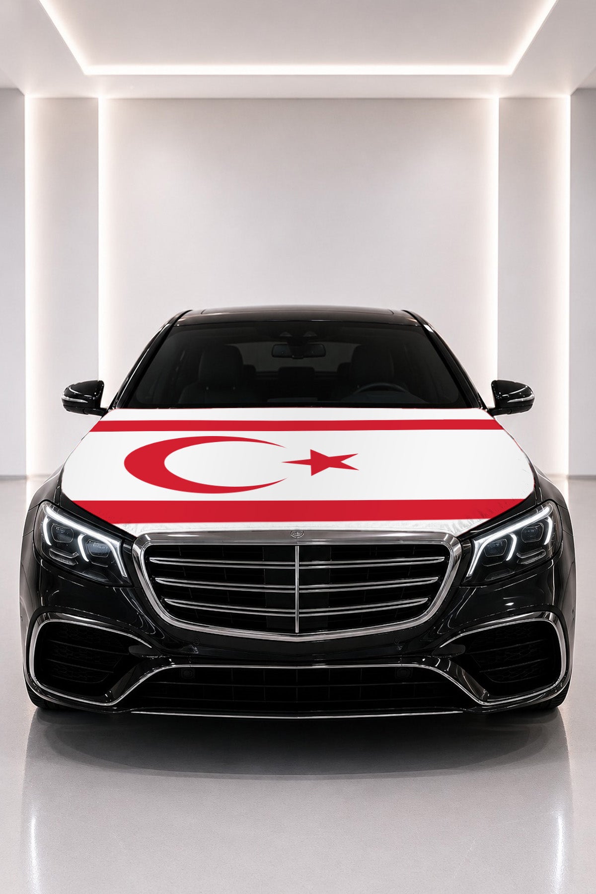 Northern Cyprus flag car hood cover fitted on a black car bonnet