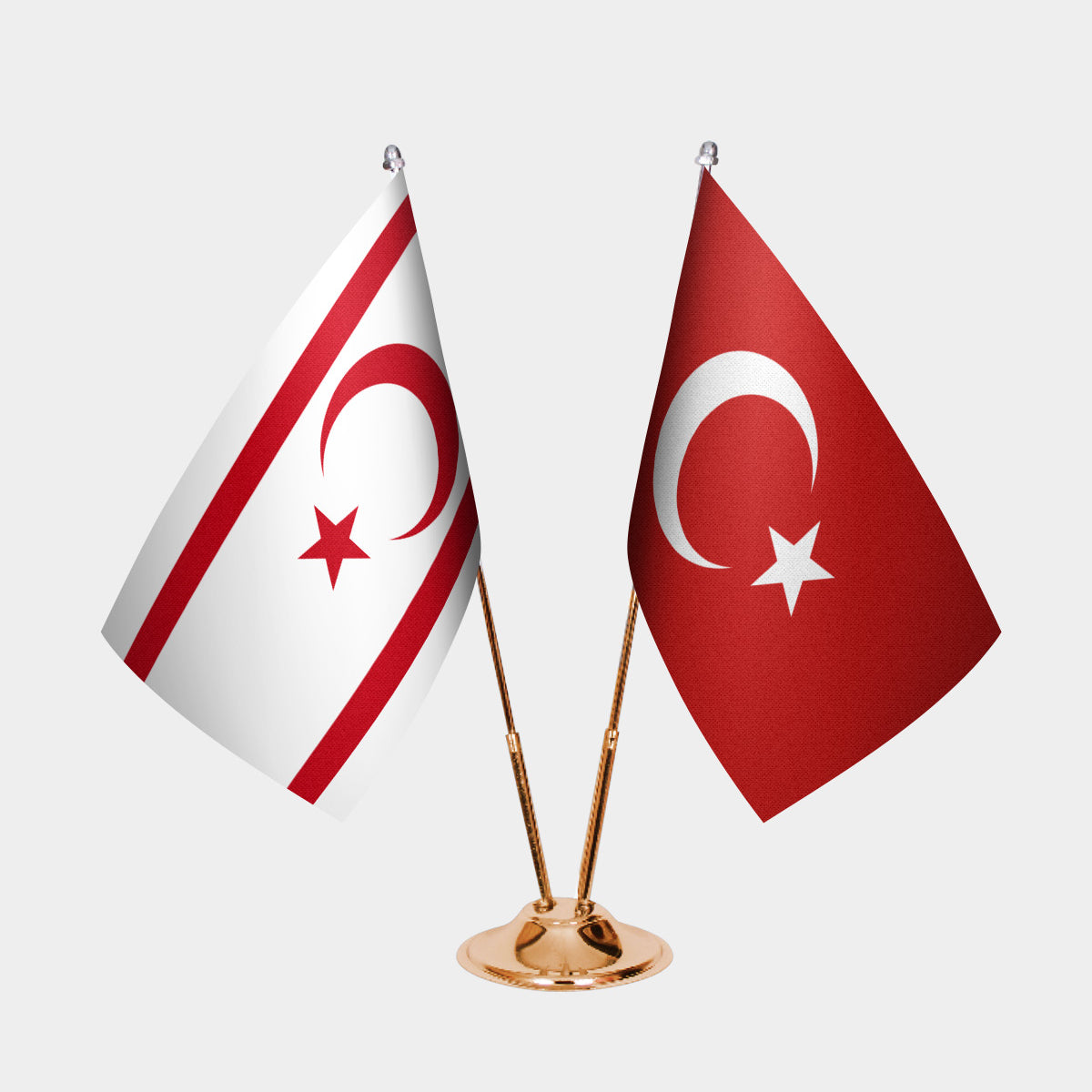 Turkish Republic of Northern Cyprus and Turkey desk flag set with gold pole and base