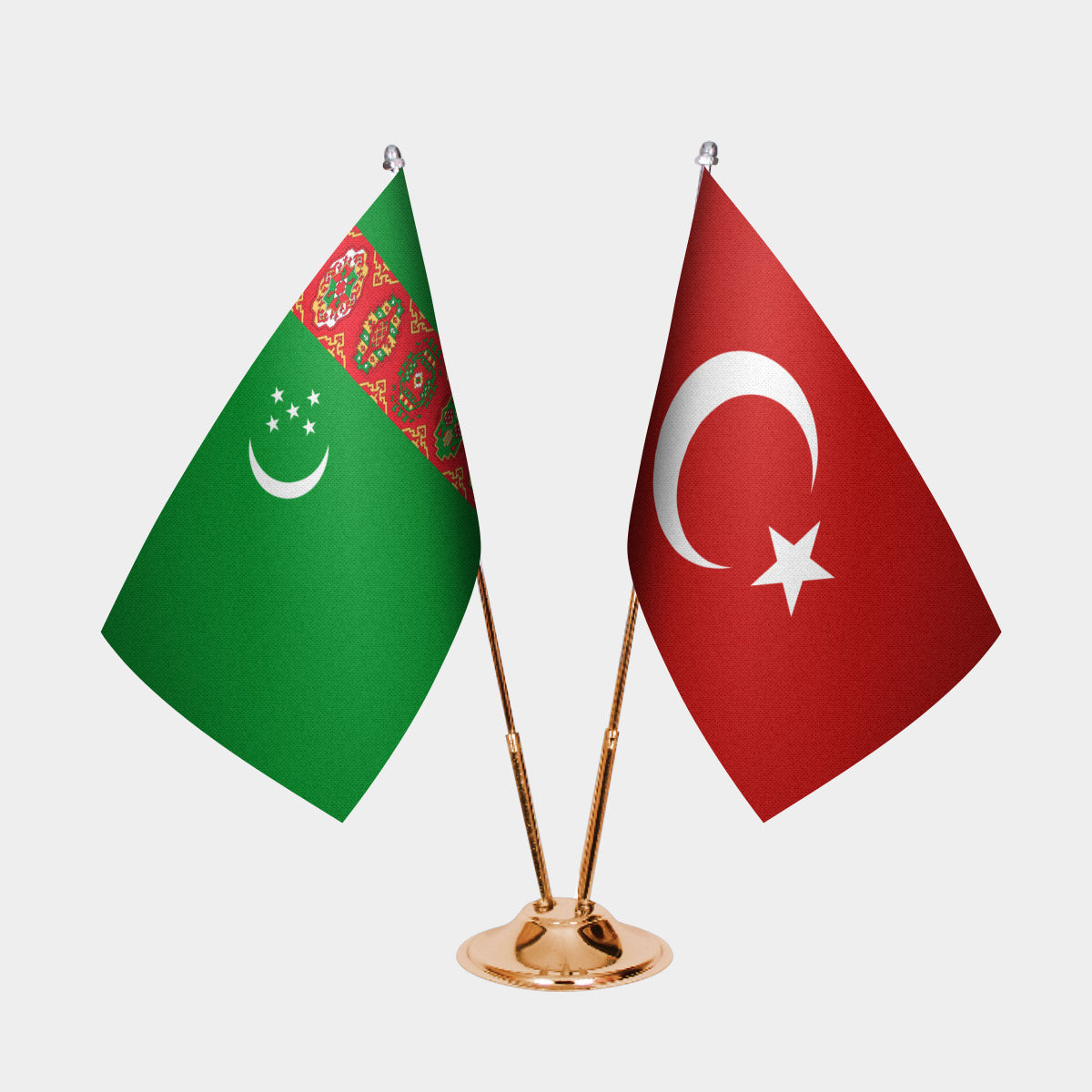 Turkmenistan and Turkey desk flag set with gold pole and base