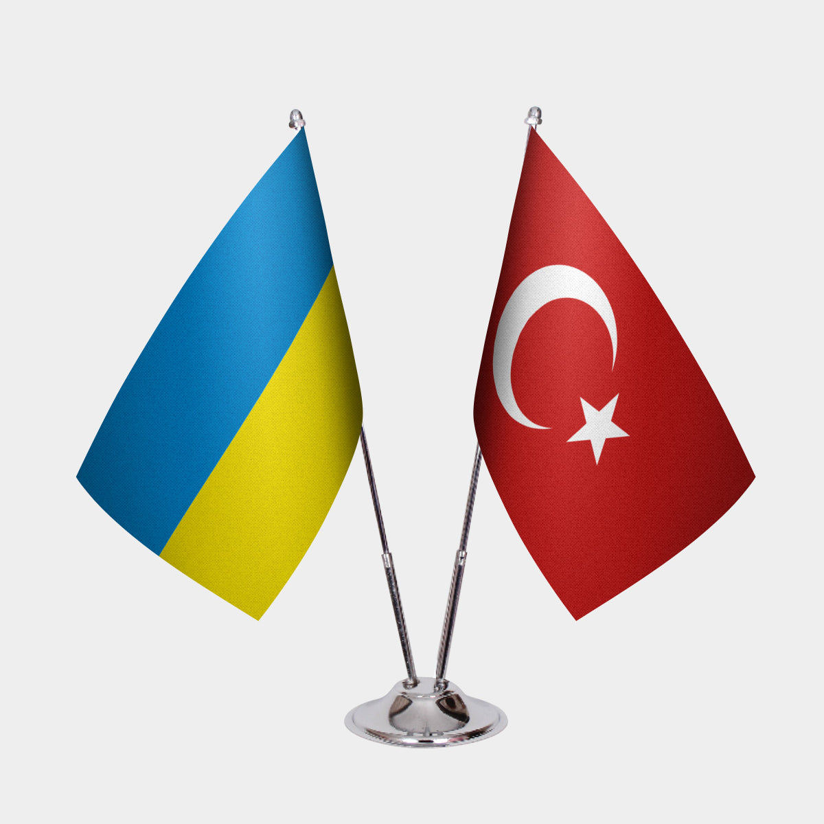 Ukraine and Turkey desk flag set with chrome pole and base
