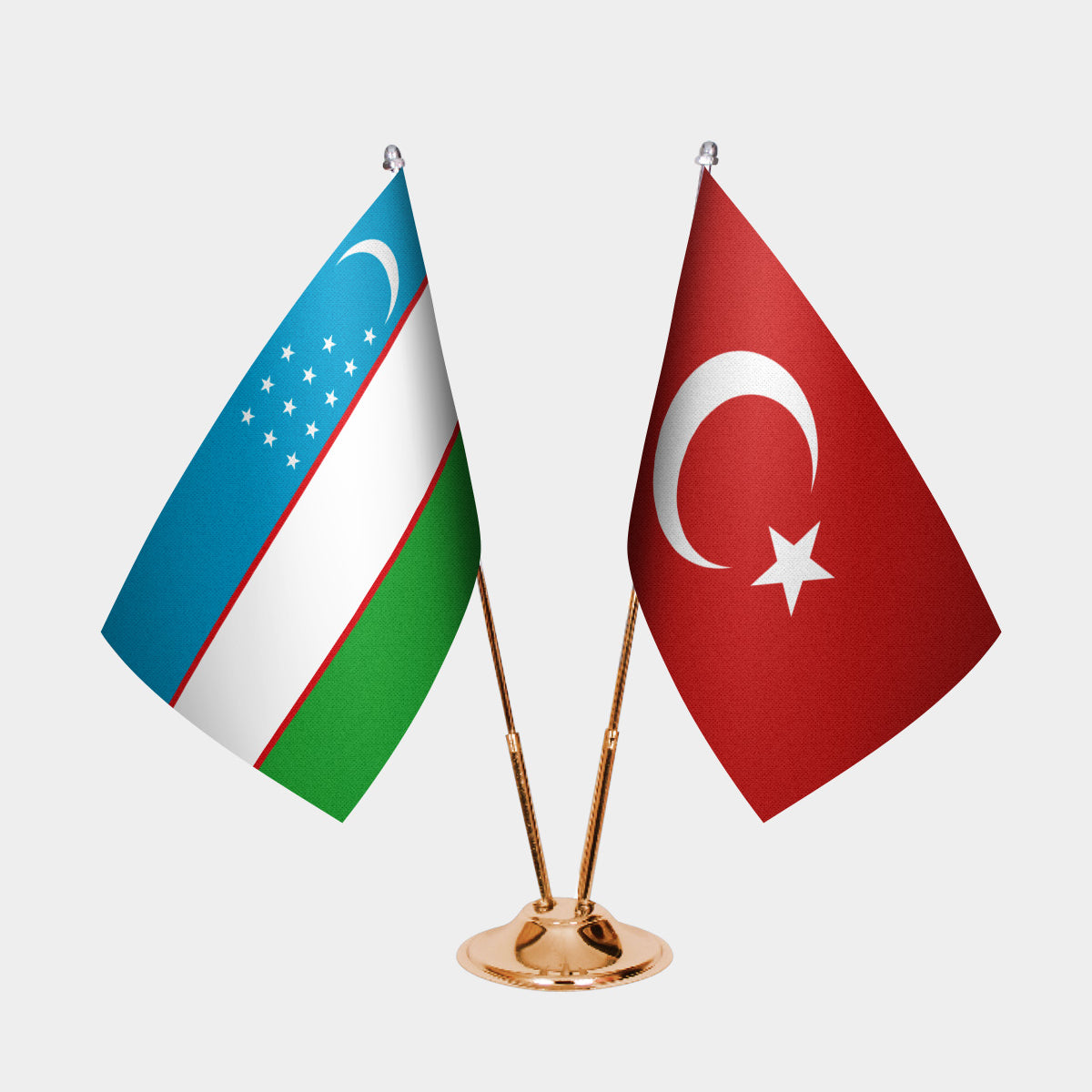 Uzbekistan and Turkey desk flag set with gold pole and base