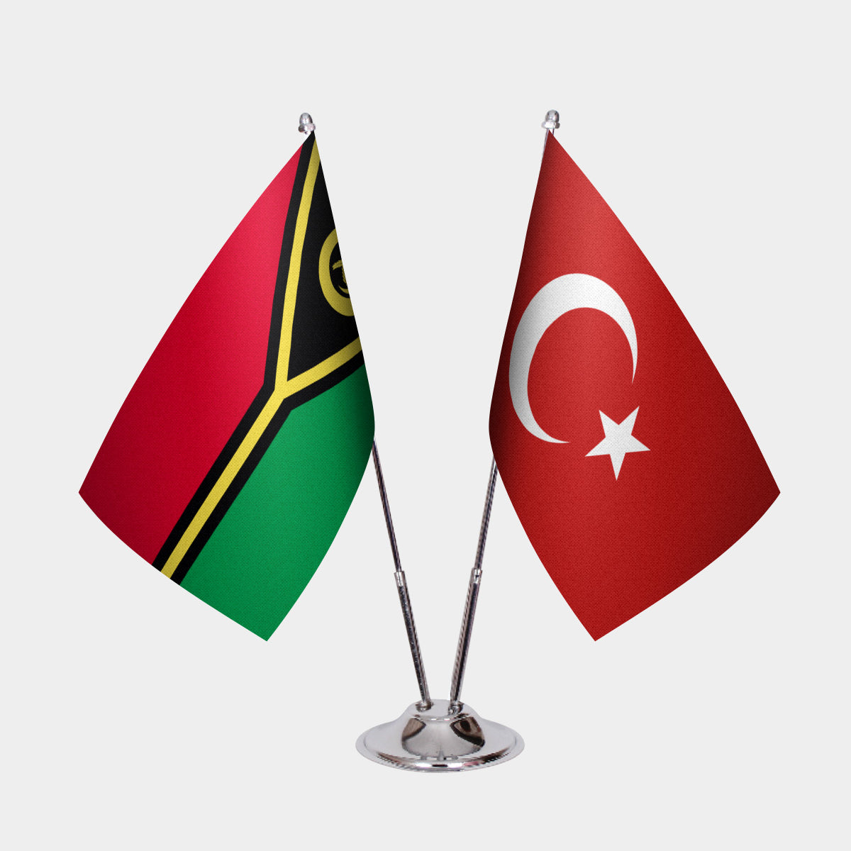 Vanuatu and Turkey desk flag set with chrome pole and base