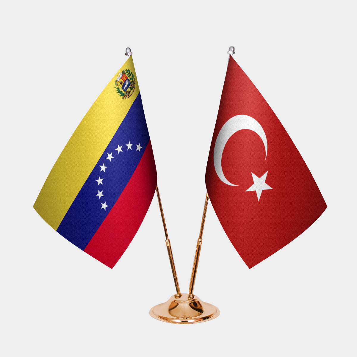 Venezuela and Turkey desk flag set with gold pole and base