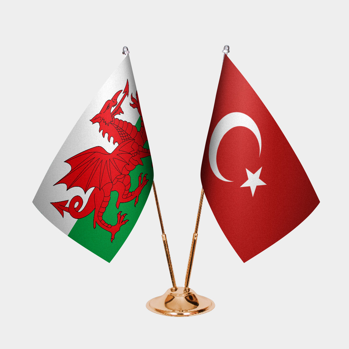 Wales and Turkey desk flag set with gold pole and base