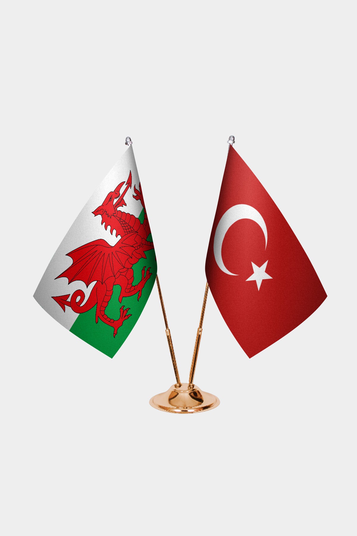 Wales and Turkey desk flag set with gold pole and base