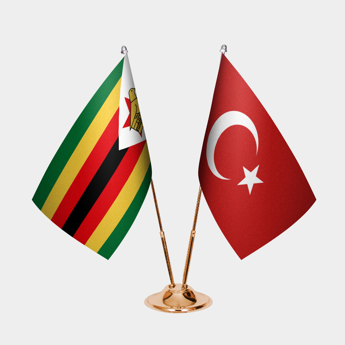 Zimbabwe and Turkey desk flag set with gold pole and base