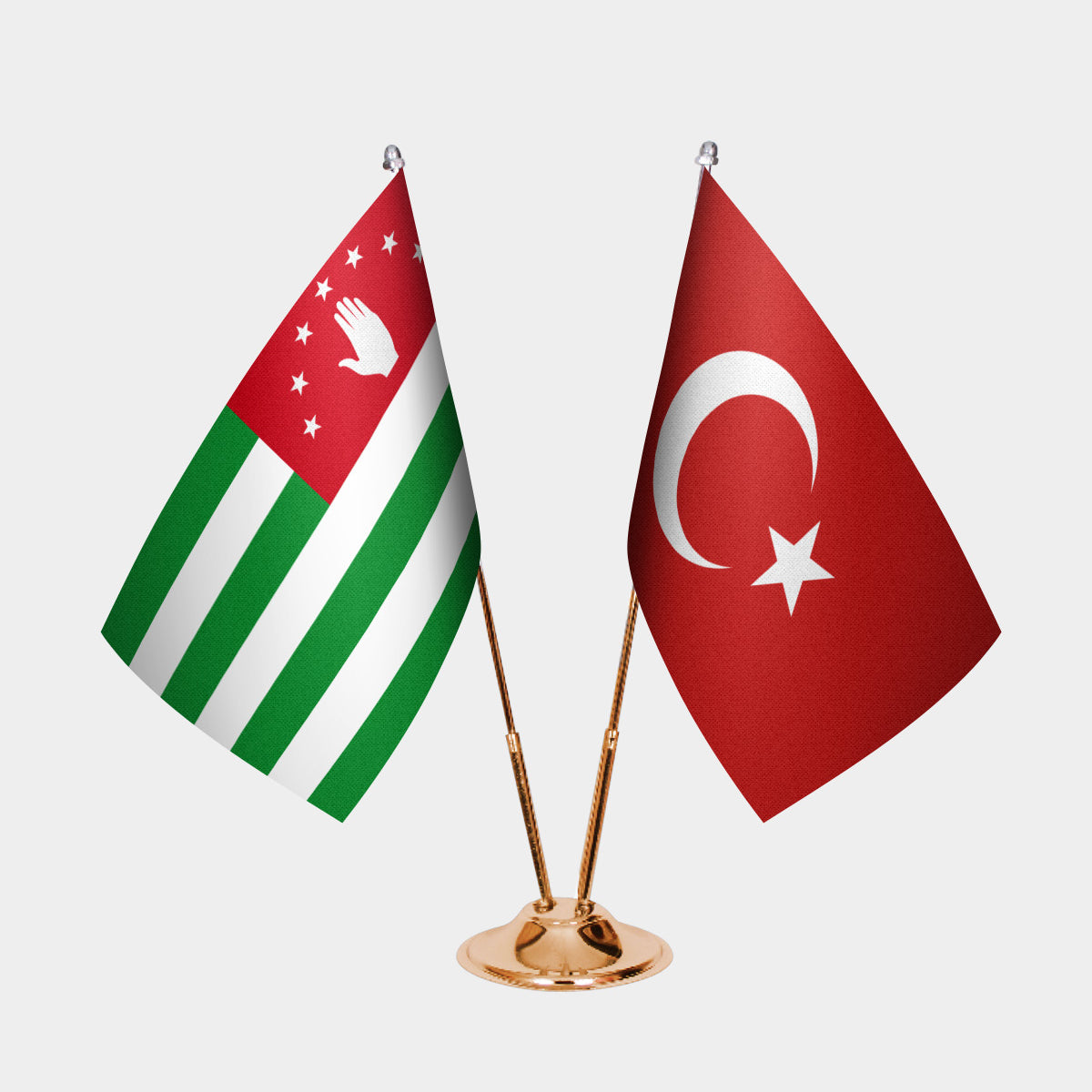 Abkhazia and Turkey desk flag set with gold pole and base