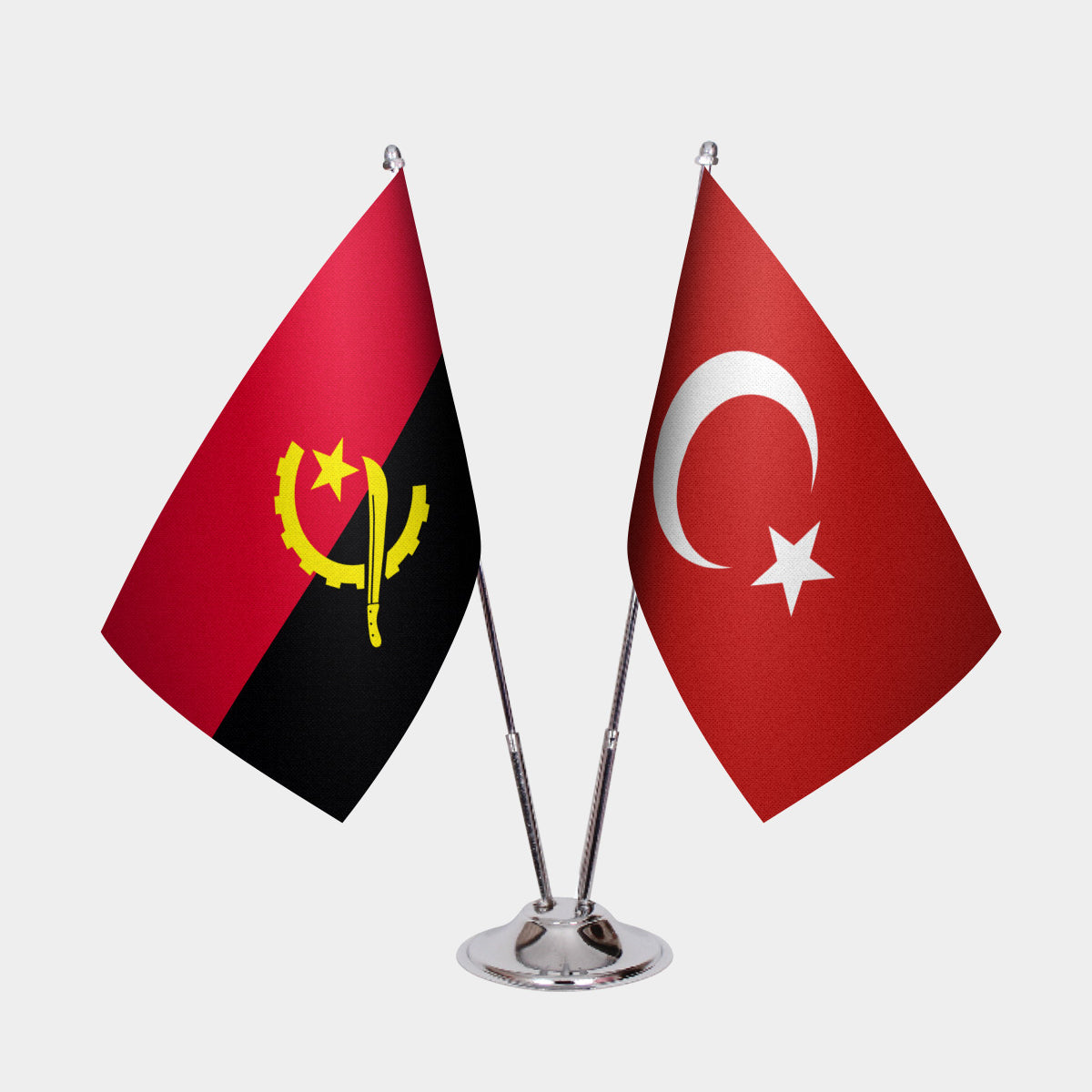 Angola and Turkey desk flag set with chrome pole and base