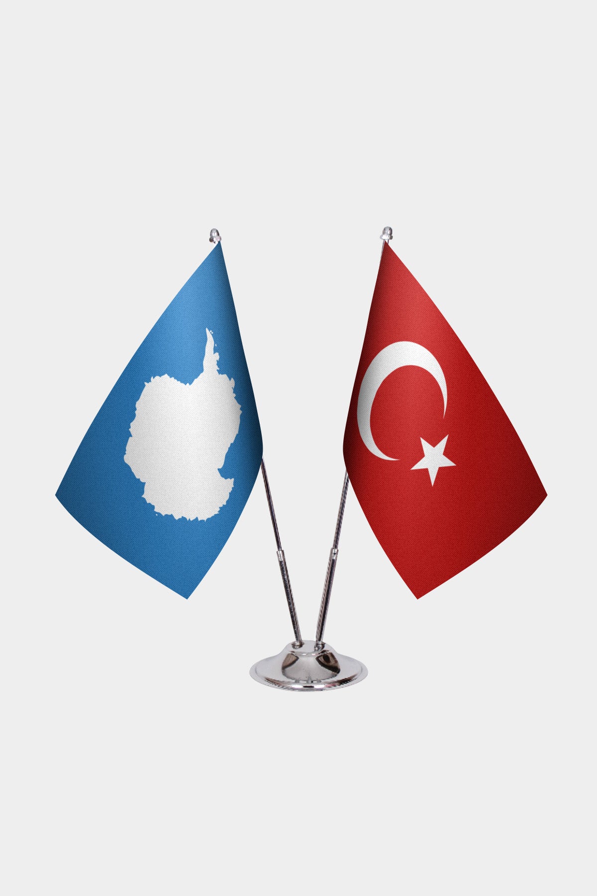 Antarctica and Türkiye dual desk flag set with chrome silver pedestal, satin office table flag