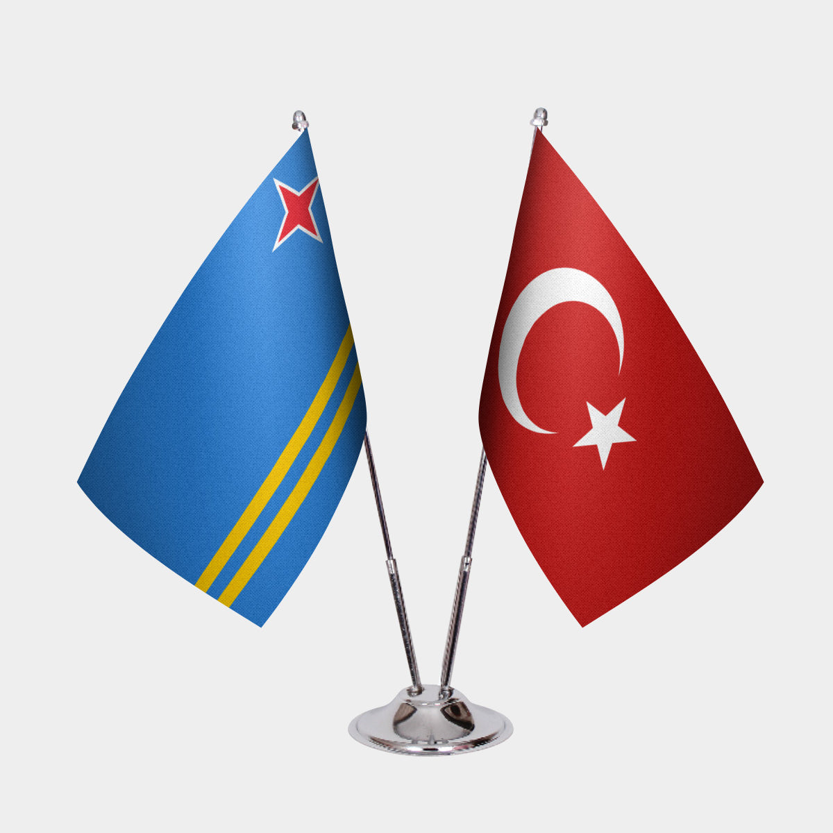 Aruba and Türkiye dual desk flag set with chrome silver pedestal, satin office table flag