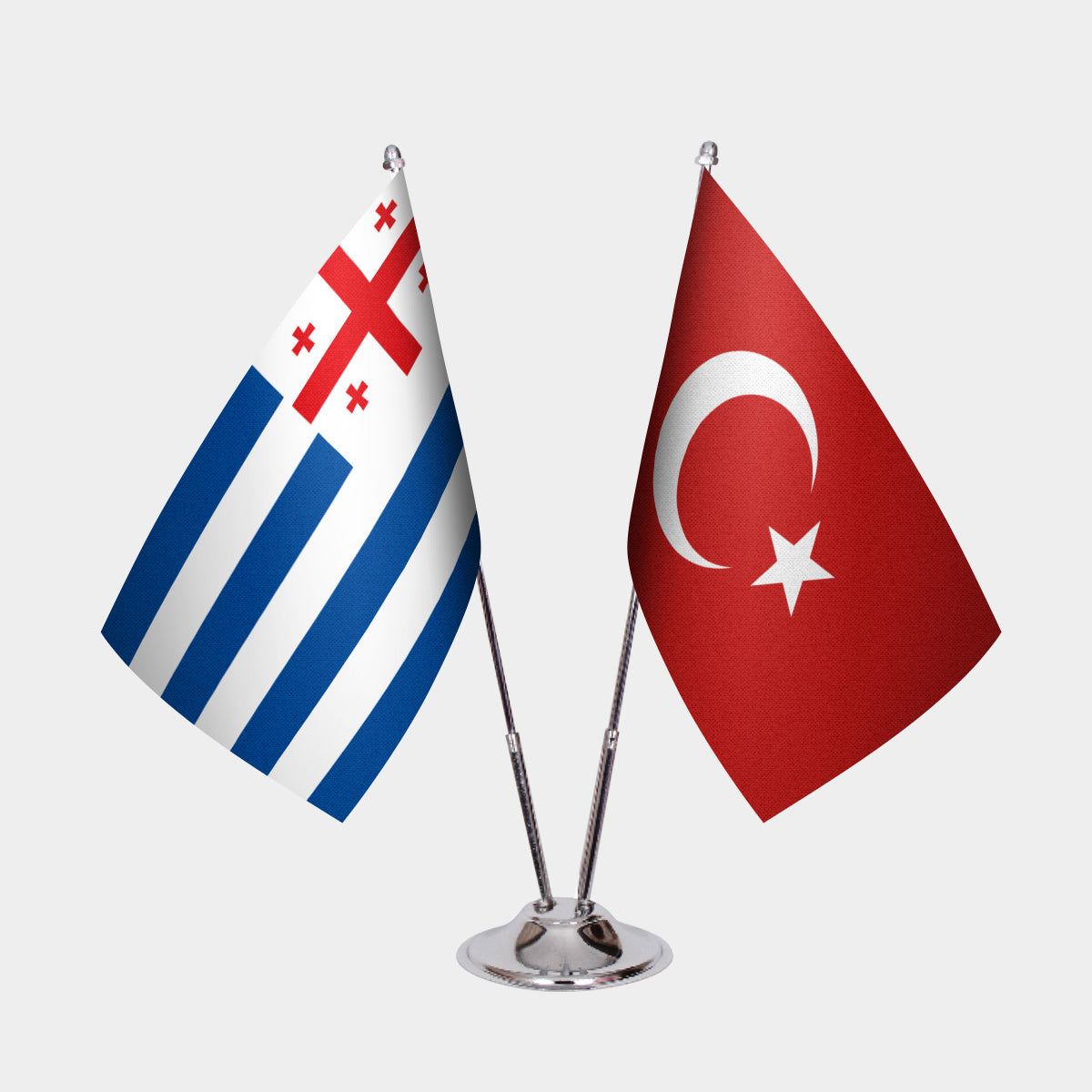 Adjara and Turkey desk flag set with chrome pole and base