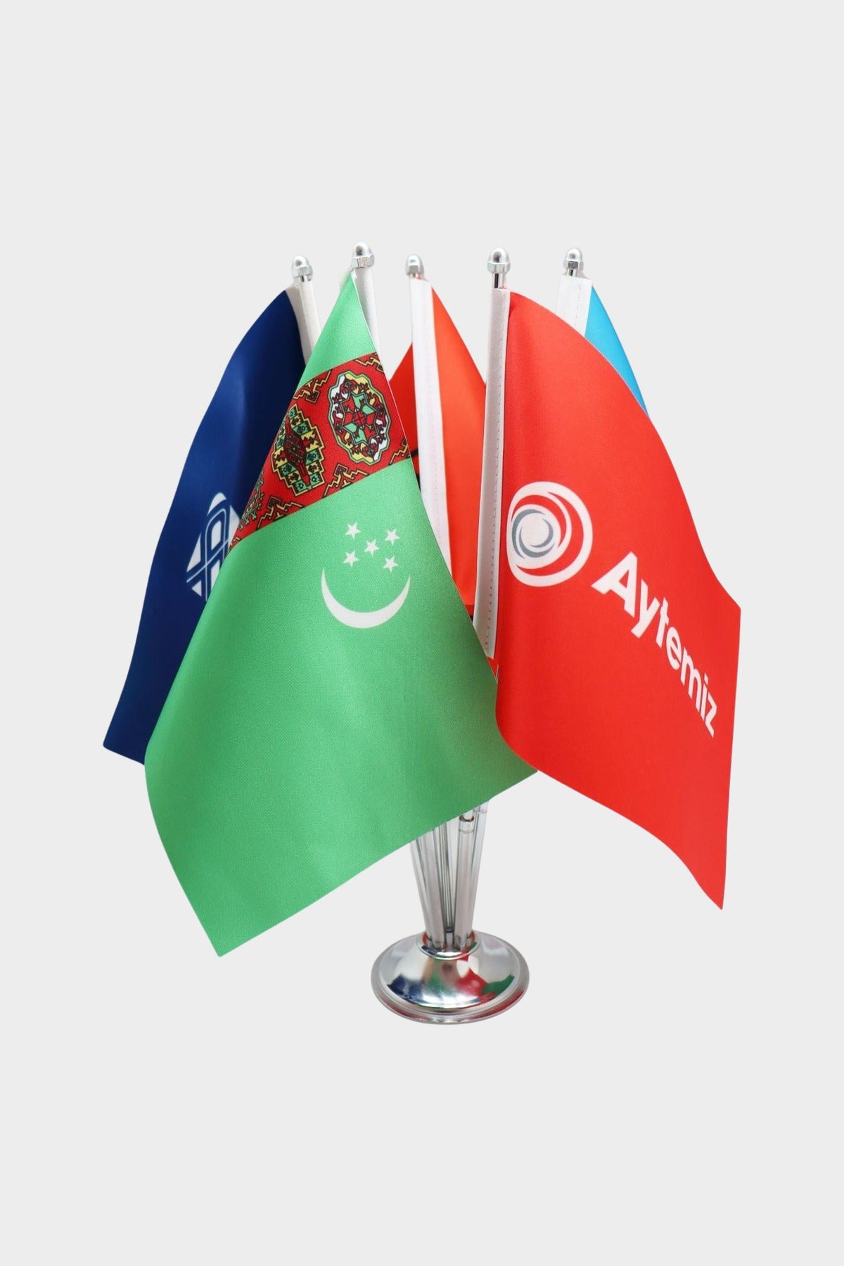 Logo Printed 5-Flag Desk Flag with chrome poles, 15 × 22.5 cm flags on a weighted base (1)