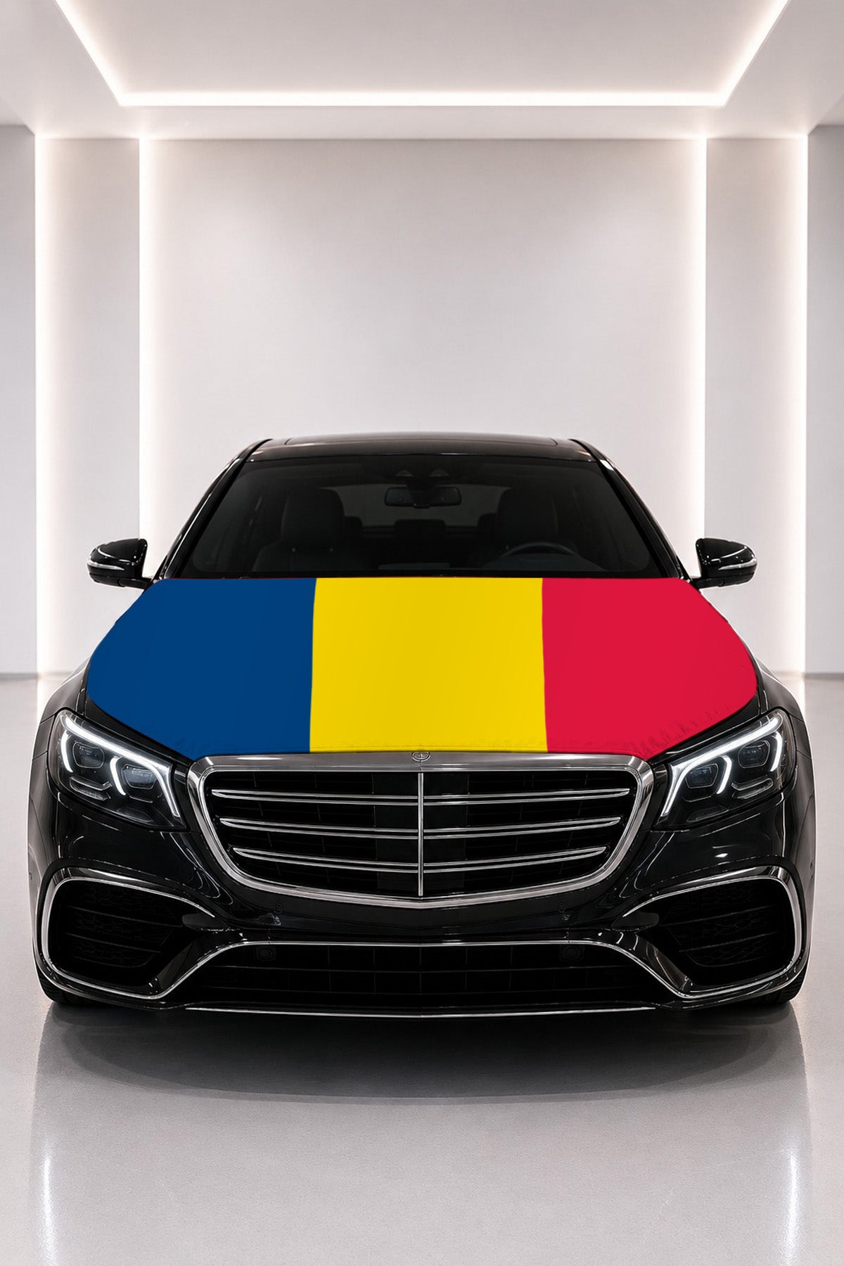 Chad flag car hood cover fitted on a black car bonnet
