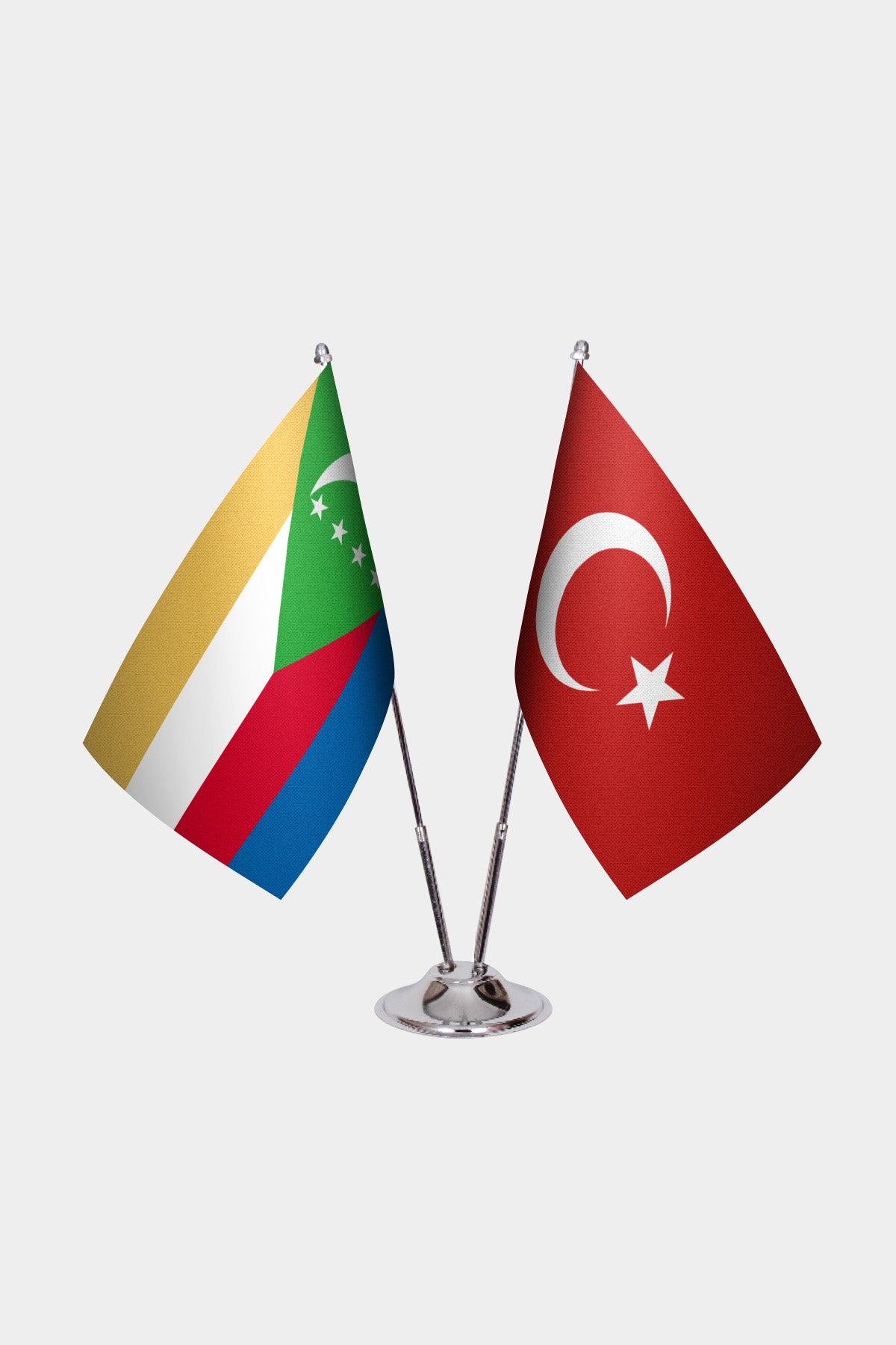 Comoros and Turkey desk flag set with chrome pole and base