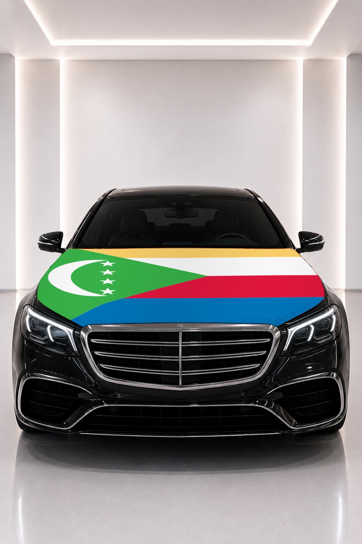 Comoros flag car hood cover fitted on a black car bonnet
