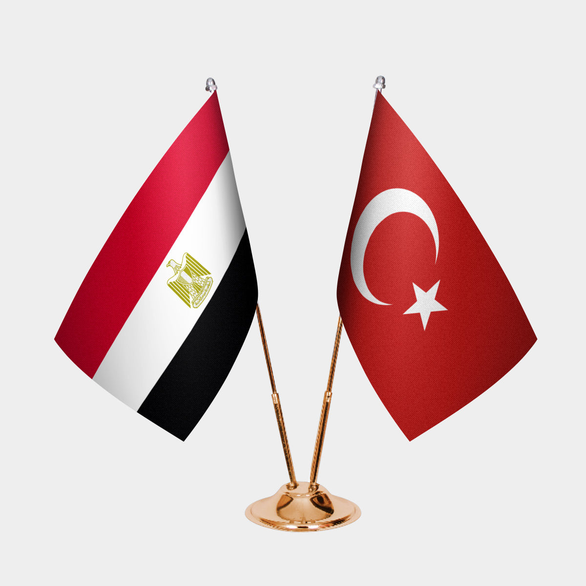 Egypt and Turkey desk flag set with gold pole and base