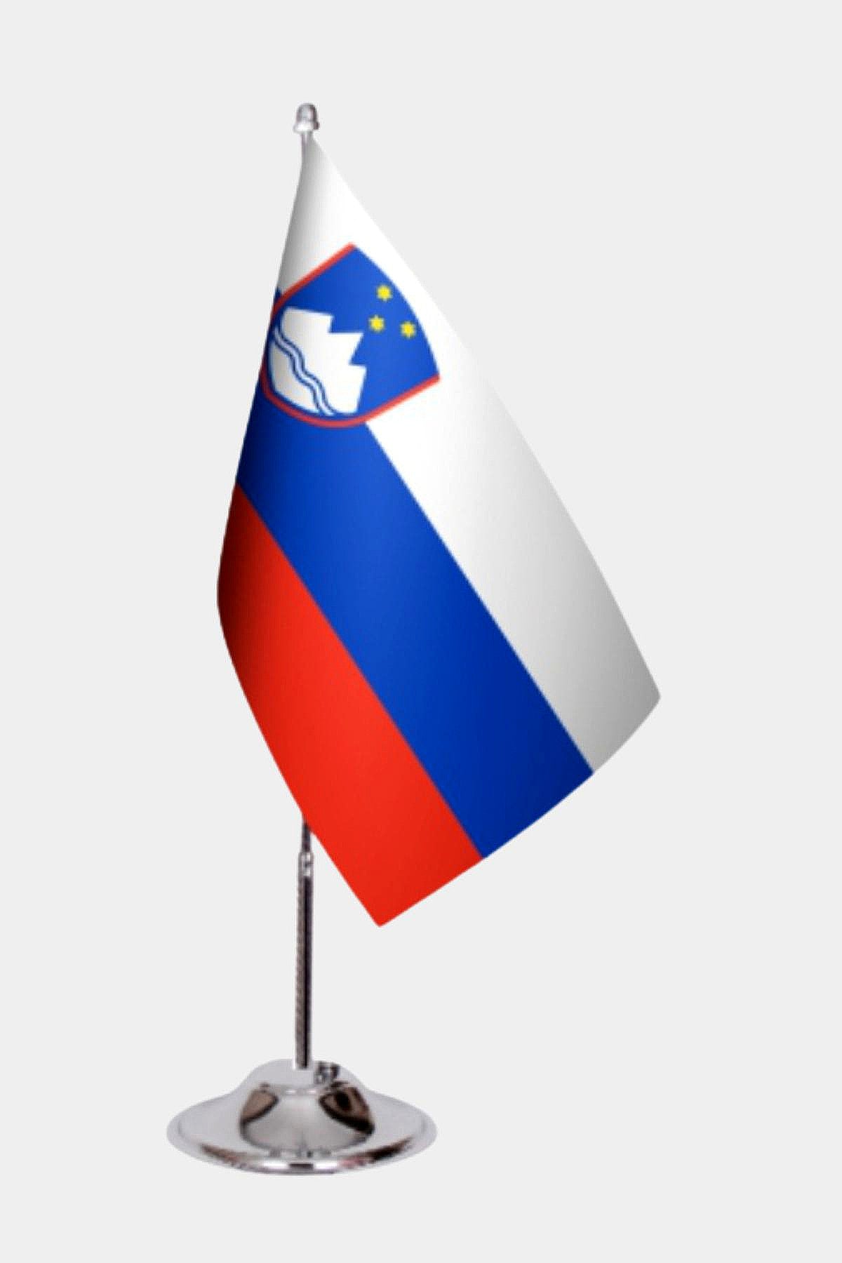 Slovenia Desk Flag - Premium Double-Layer Satin with Chrome L-Shaped Stand | Professional Quality Country Desk Flag for Government Offices and Institutions