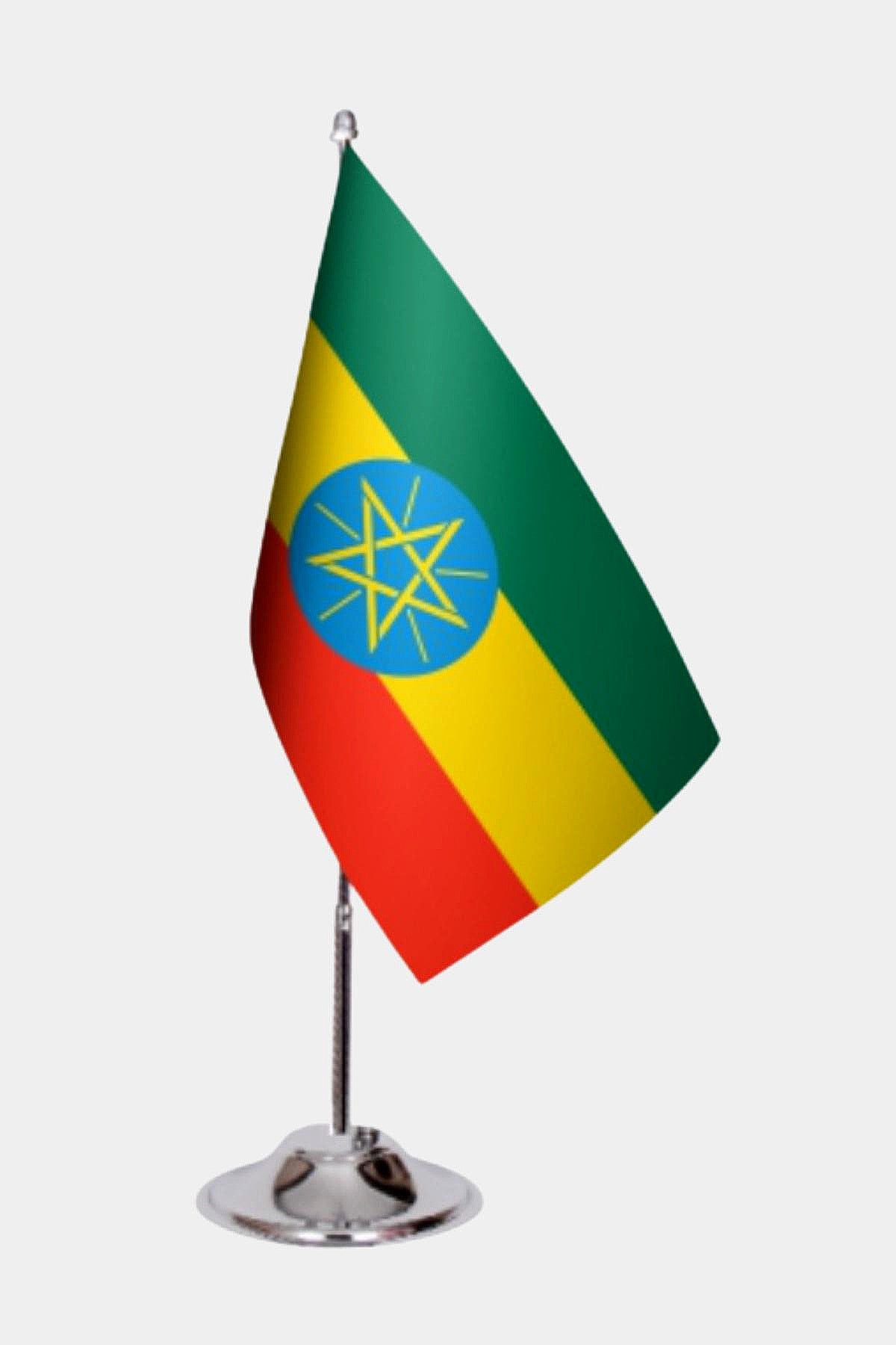 Ethiopia Desk Flag - Premium Double-Layer Satin with Chrome L-Shaped Stand | Professional Quality Country Desk Flag for Government Offices and Institutions