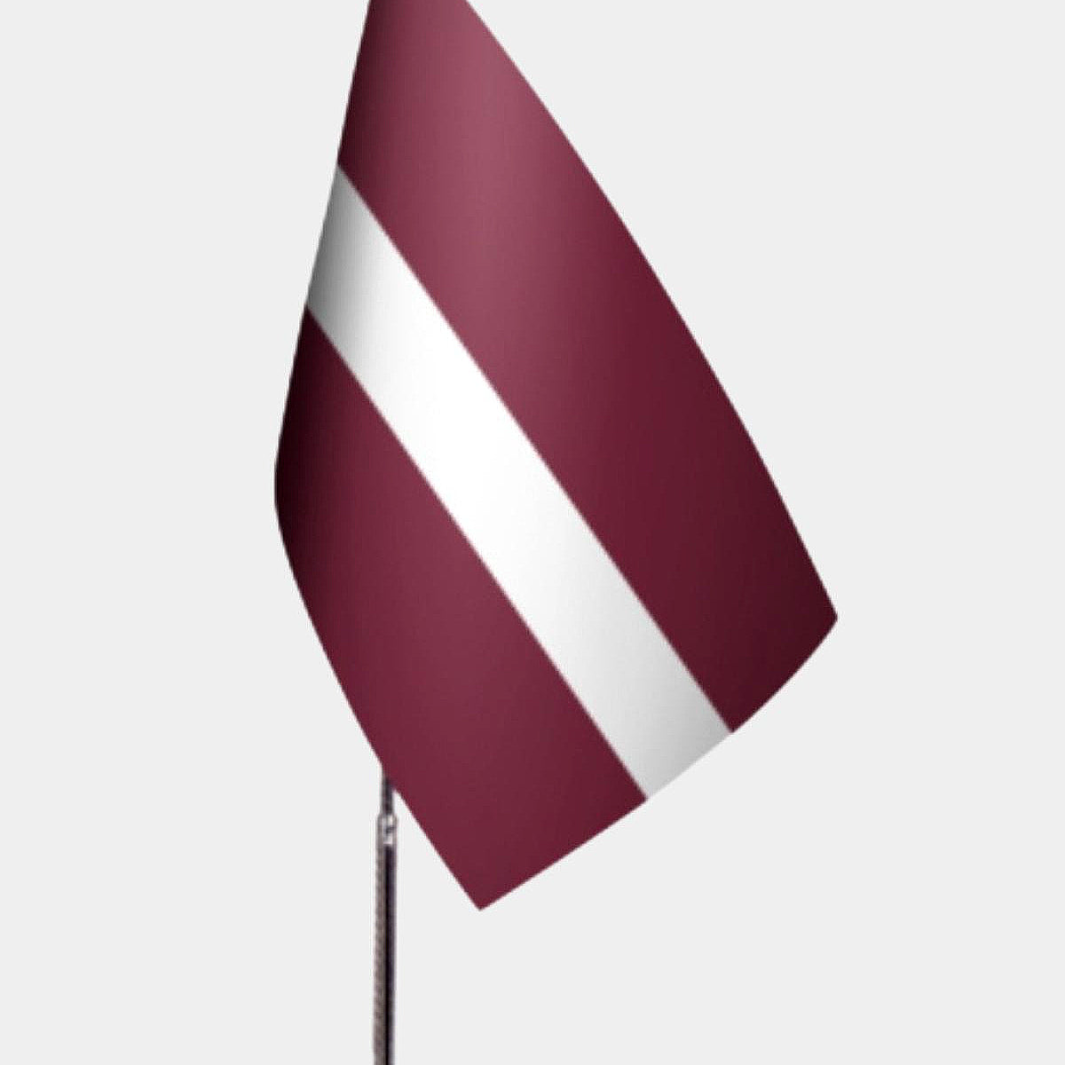 Latvia Desk Flag - Premium Double-Layer Satin with Chrome L-Shaped Stand | Professional Quality Country Desk Flag for Government Offices and Institutions