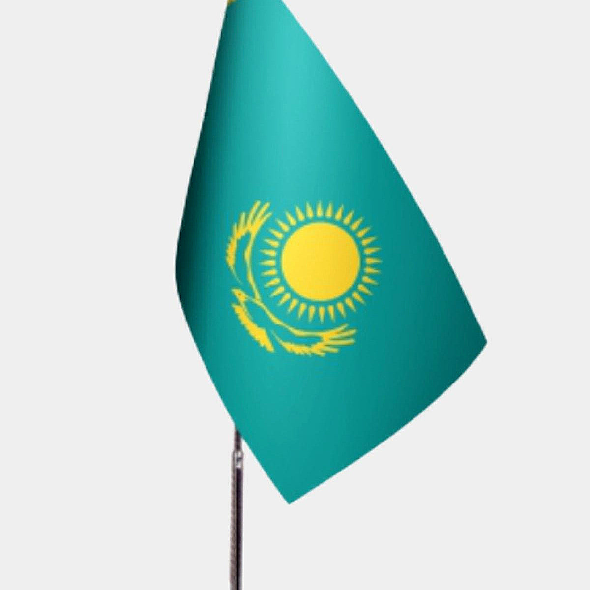 Kazakhistan Desk Flag - Premium Double-Layer Satin with Chrome L-Shaped Stand | Professional Quality Country Desk Flag for Government Offices and Institutions