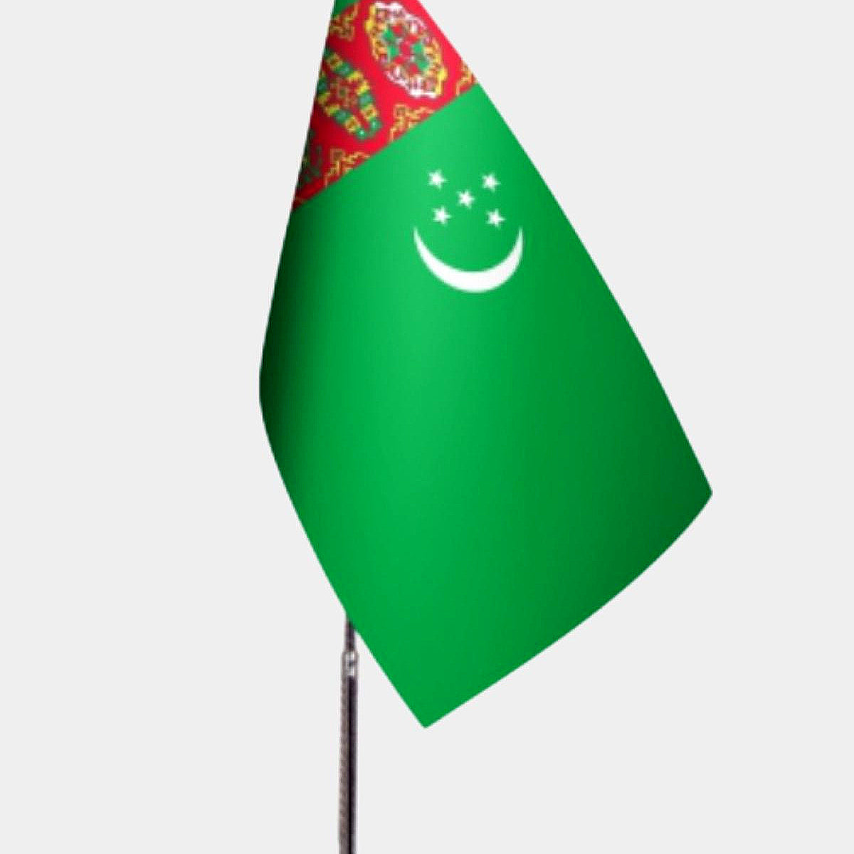 Turkmenistan Desk Flag - Premium Double-Layer Satin with Chrome L-Shaped Stand | Professional Quality Country Desk Flag for Government Offices and Institutions