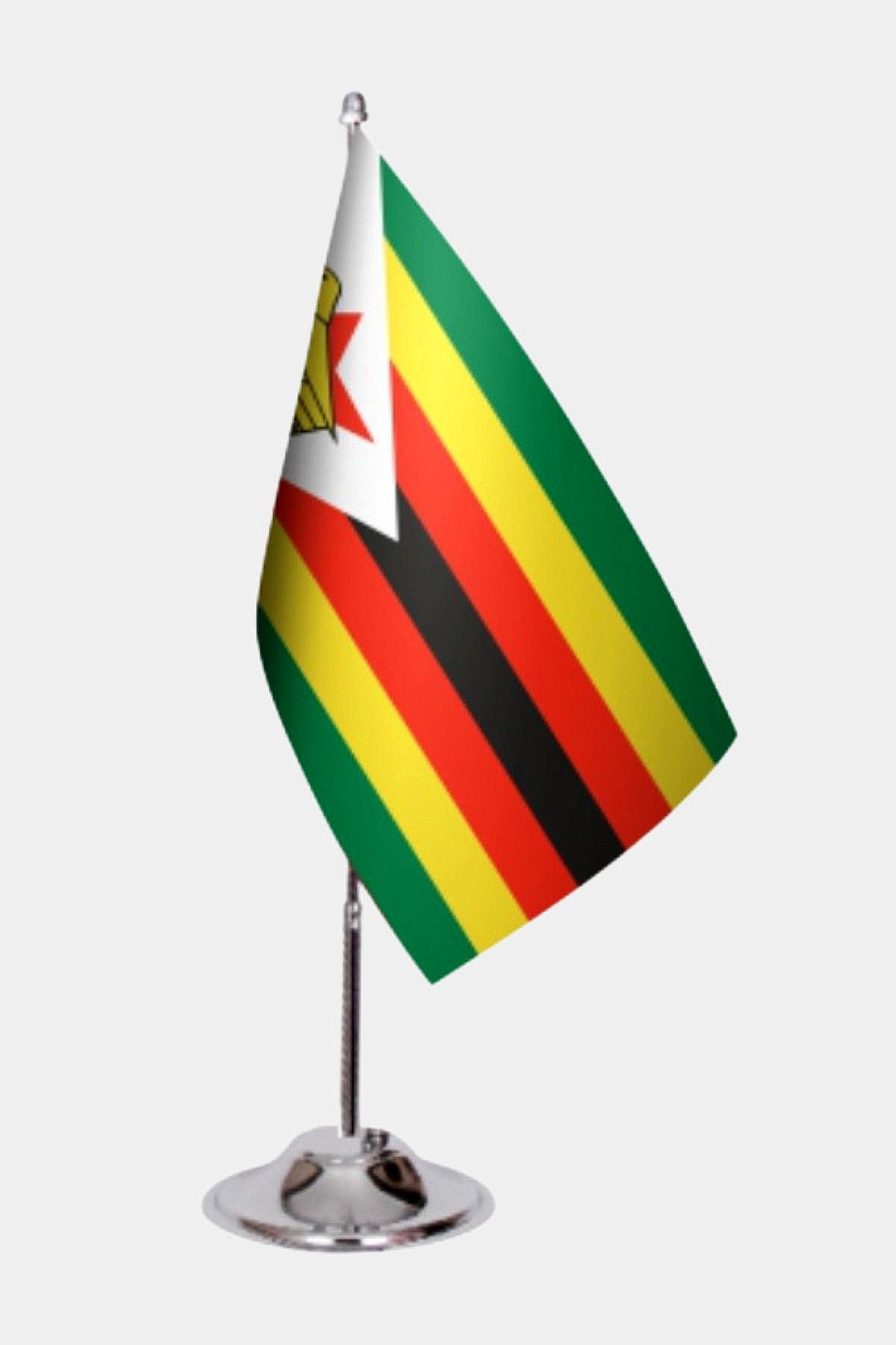Zimbabwe Desk Flag - Premium Double-Layer Satin with Chrome L-Shaped Stand | Professional Quality Country Desk Flag for Government Offices and Institutions
