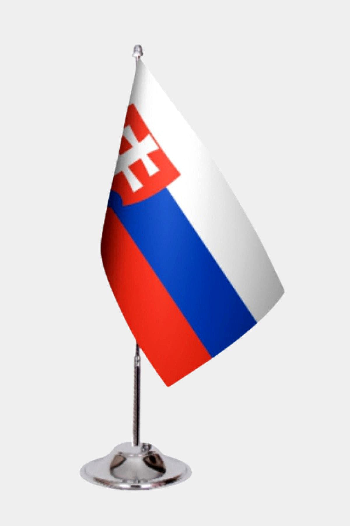 Slovakia Desk Flag - Premium Double-Layer Satin with Chrome L-Shaped Stand | Professional Quality Country Desk Flag for Government Offices and Institutions