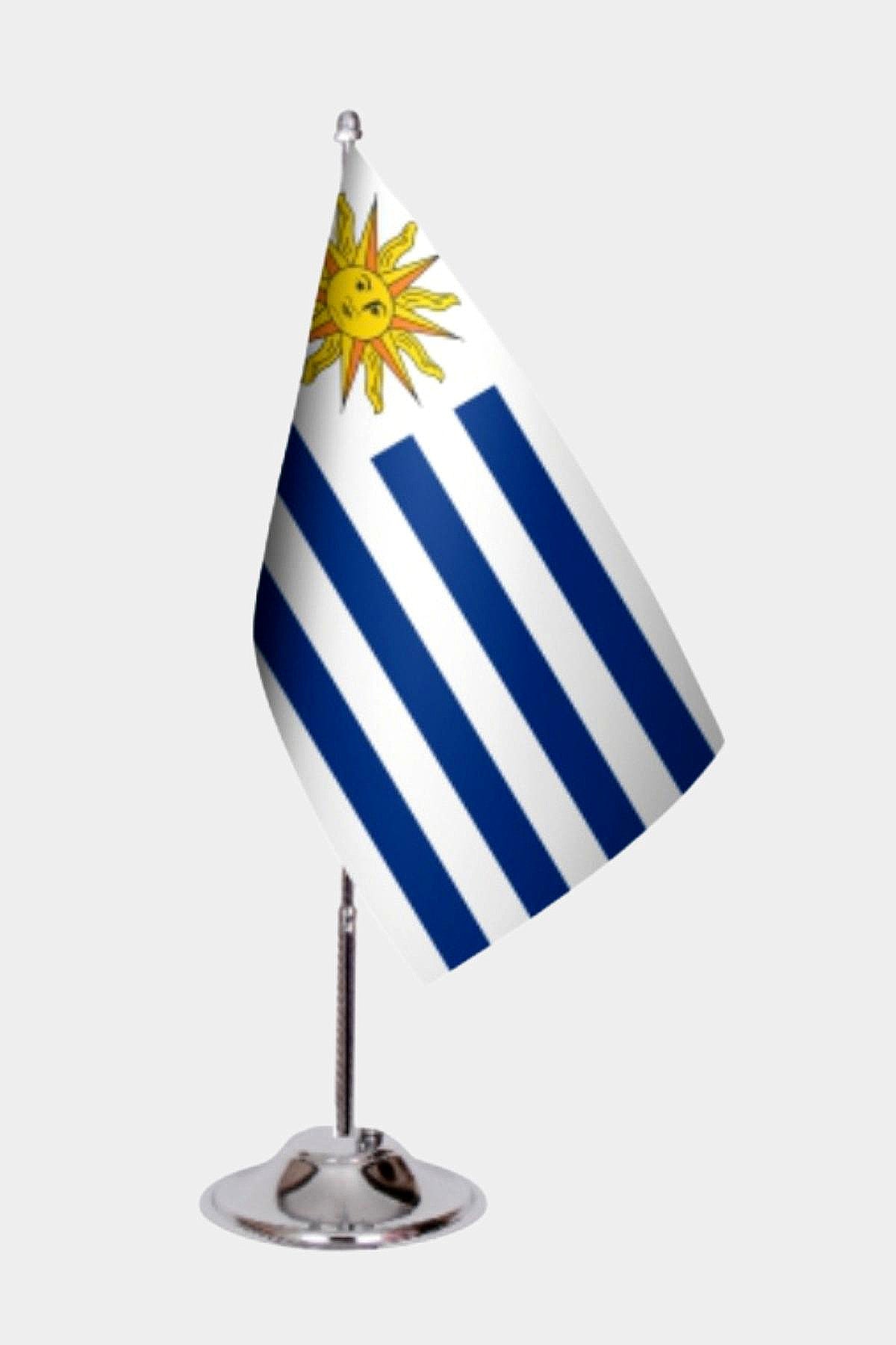 Uruguay Desk Flag - Premium Double-Layer Satin with Chrome L-Shaped Stand | Professional Quality Country Desk Flag for Government Offices and Institutions