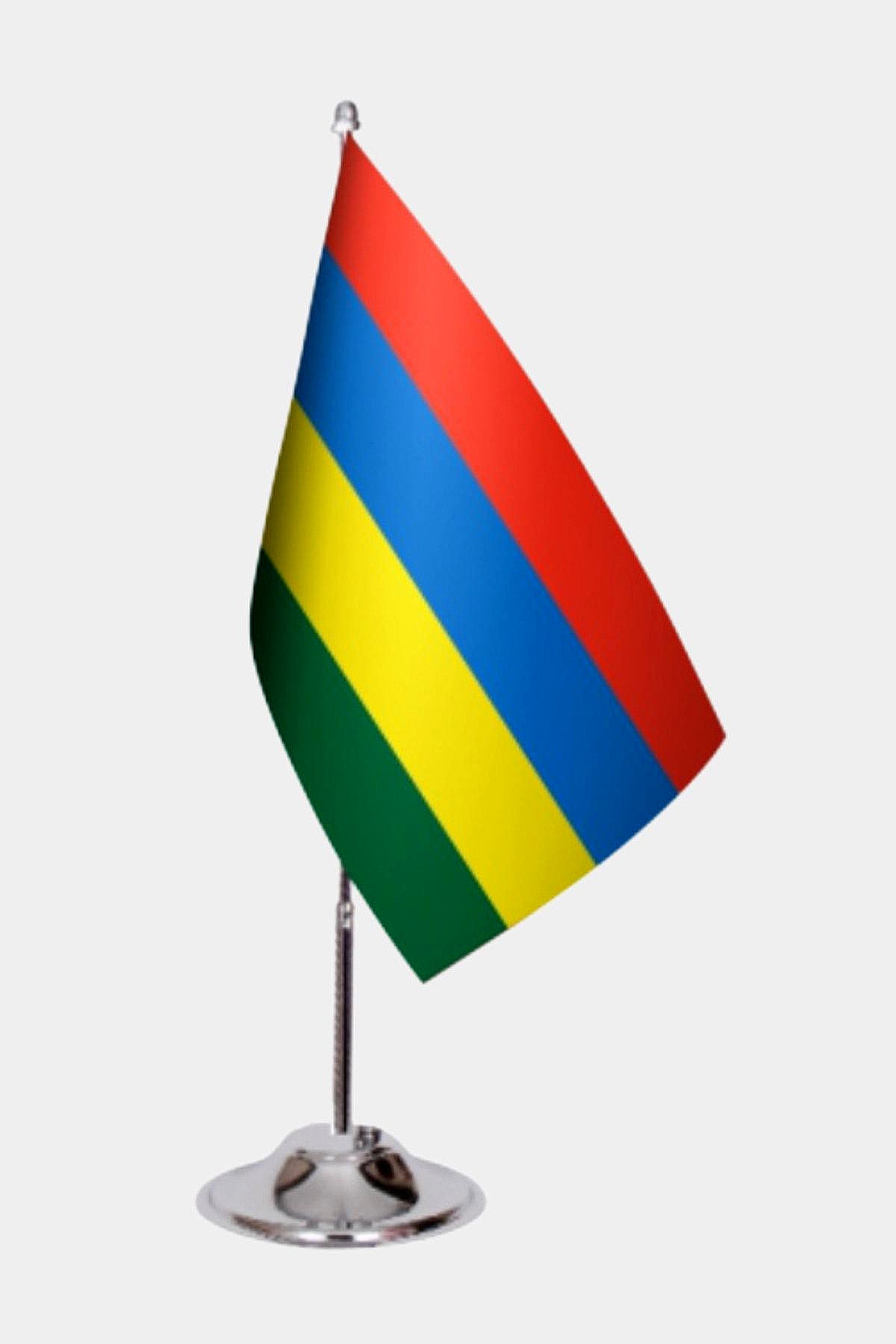 Mauritius Desk Flag - Premium Double-Layer Satin with Chrome L-Shaped Stand | Professional Quality Country Desk Flag for Government Offices and Institutions