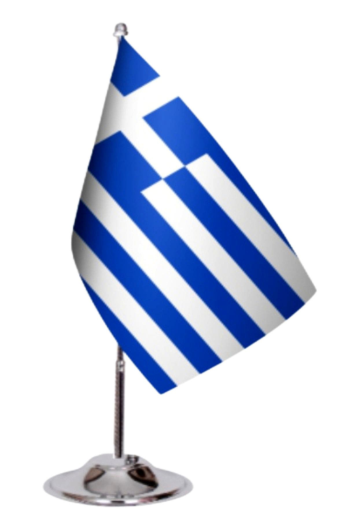 Greece Desk Flag - Premium Double-Layer Satin with Chrome L-Shaped Stand | Professional Quality Country Desk Flag for Government Offices and Institutions