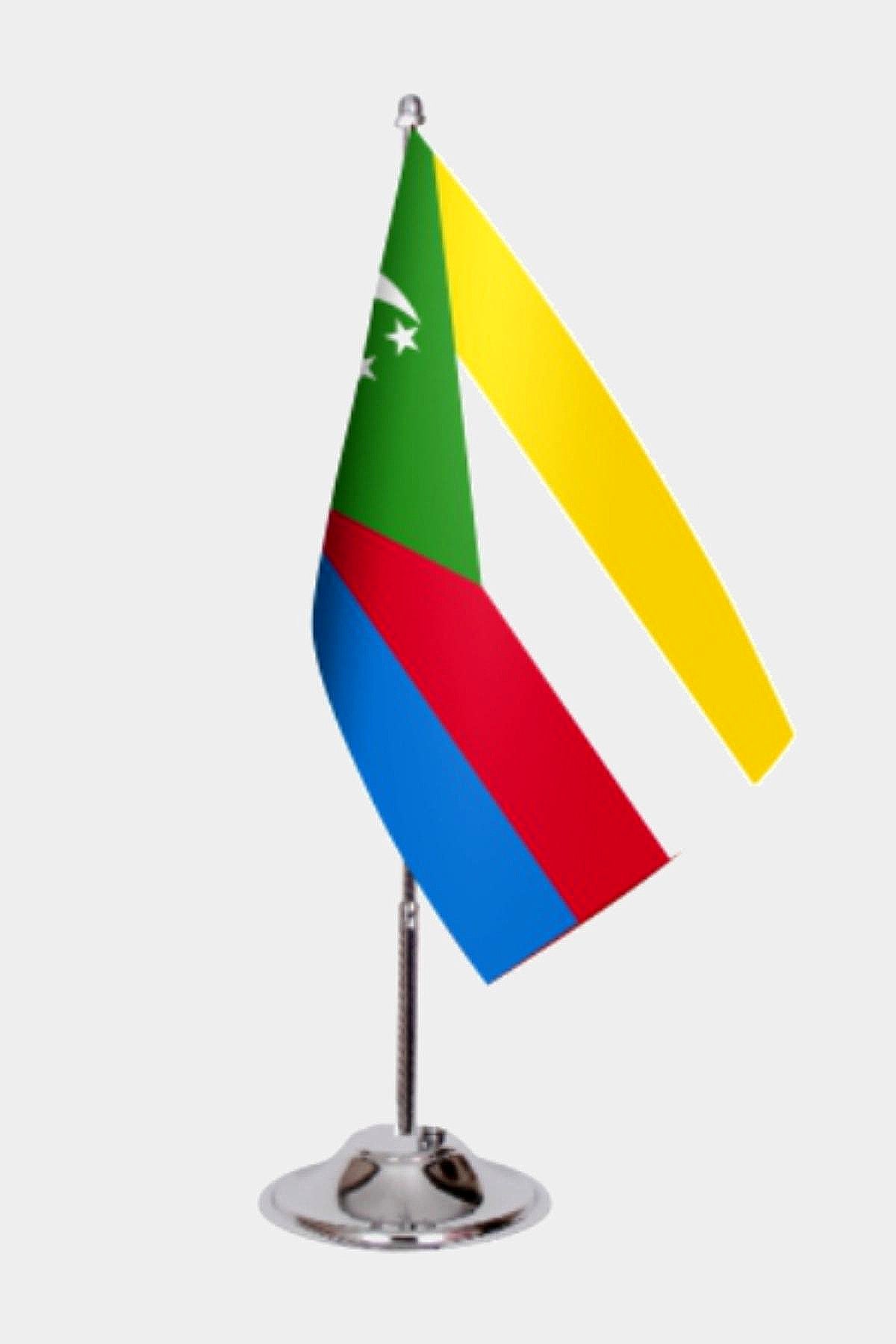 Comoros Desk Flag - Premium Double-Layer Satin with Chrome L-Shaped Stand | Professional Quality Country Desk Flag for Government Offices and Institutions