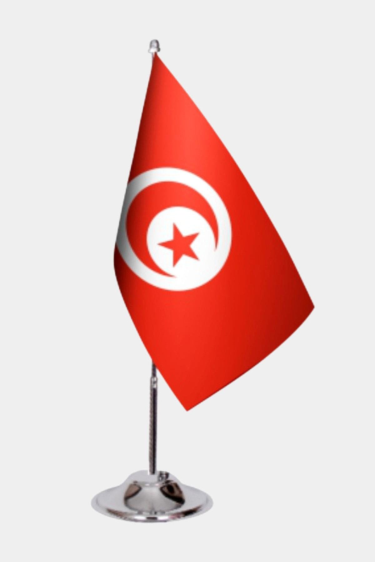 Tunisia Desk Flag - Premium Double-Layer Satin with Chrome L-Shaped Stand | Professional Quality Country Desk Flag for Government Offices and Institutions